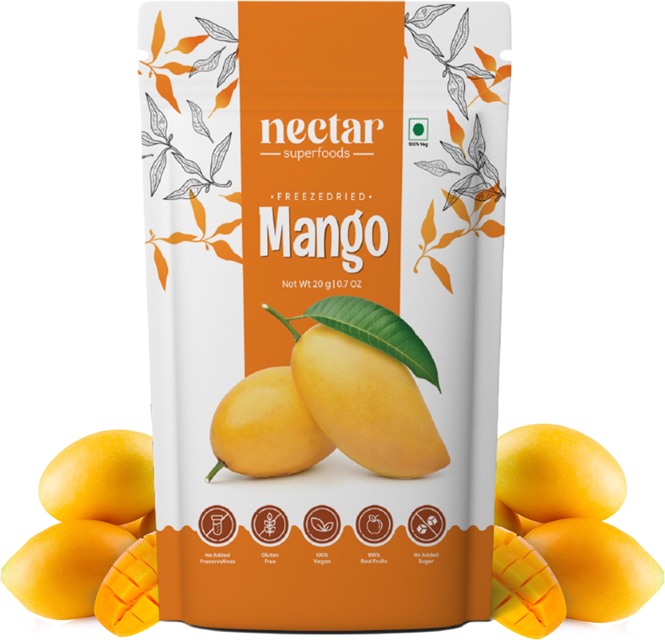 Nectar Superfoods Freeze Dried Mango | No Preservatives, No Added Sugar, Healthy Dried Fruit | 100% Natural, Vegan, Gluten Free Snack for Kids and Adults | 20 gram Pouch