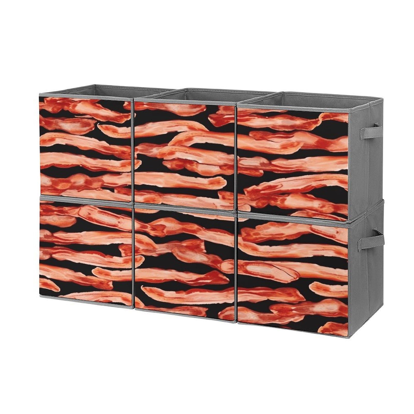 FodPand Bacon Pattern Storage Bins Cubes Fabric Cube Organizer Foldable Storage Boxes Large Storage Baskets Oxford Cloth Cube Bins for Home Clothes Closet Organizers 6 Pack