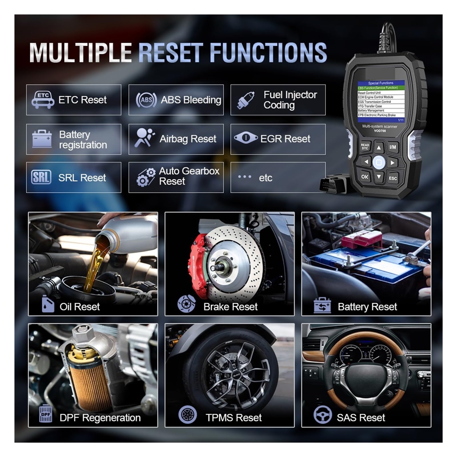 Strumento diagnostico VOD700 ODB OBD 2 Scanner OBDII Completo ABS SRS TPMS EPB di scansione ripristino Olio,Facile da Usare