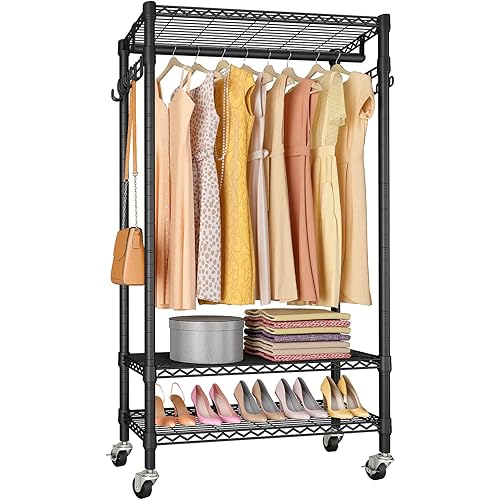 VIPEK R1 Plus Rolling Garment Rack Heavy Duty Clothes Rack for Hanging Clothes, Portable Closet Wardrobe with Wheels and Side Hooks, Adjustable Freestanding Metal Clothing Rack with Shelves, Black