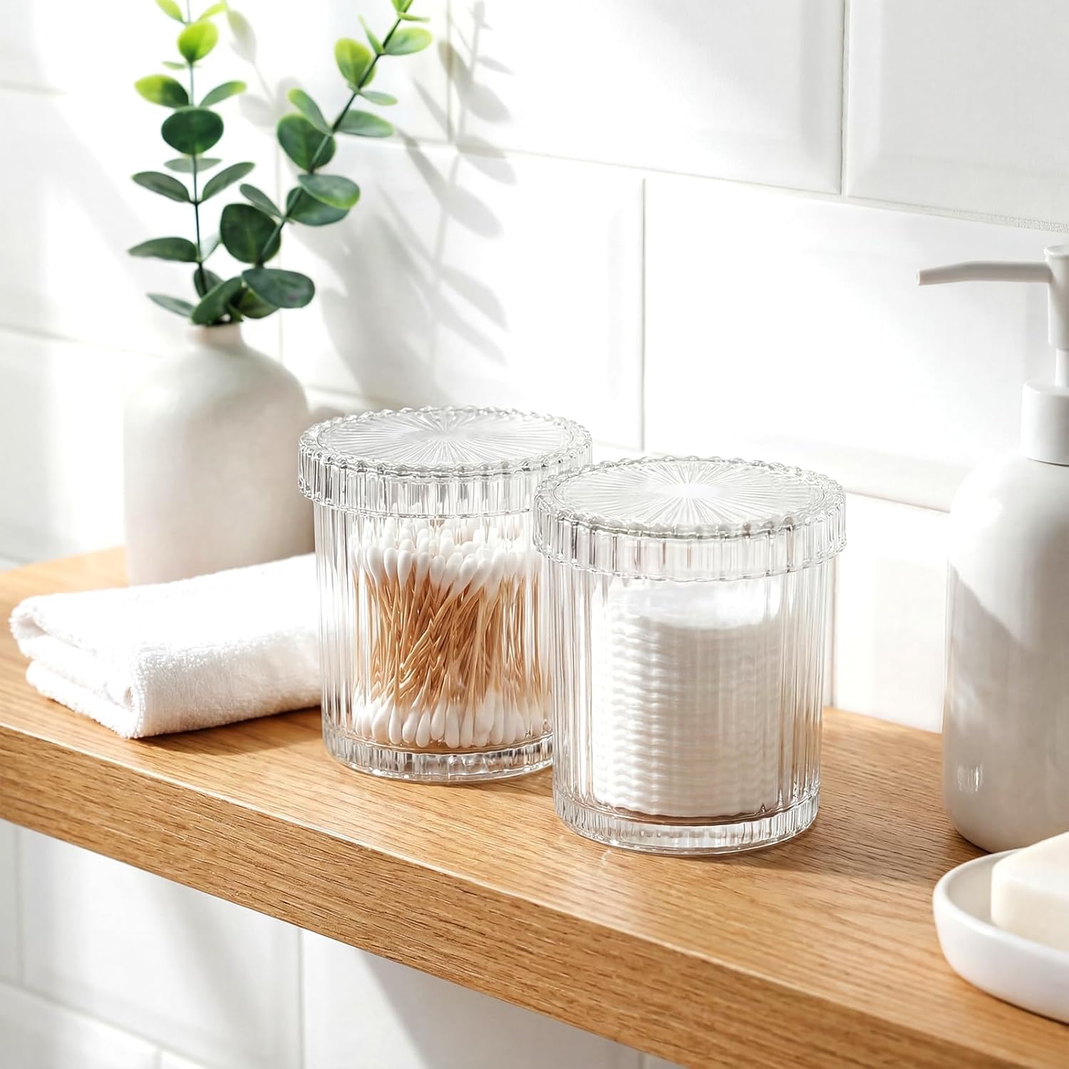 rejomiik 2 Pack Glass Qtip Holder Dispenser, Bathroom Canister Apothecary Jars with Lids, Vanity Makeup Accessories Storage Organizer for Cotton Swabs, Cotton Balls, Pads, Floss Picks, Clear