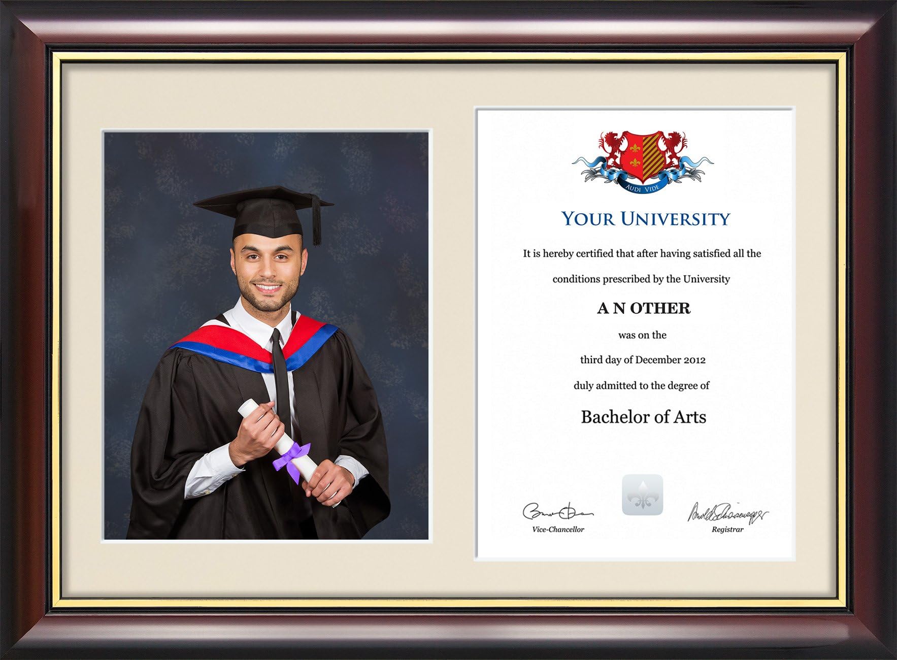 Dual Graduation Certificate and Photo Frame - Traditional Wood Style with Glass Front, Diploma Document & Picture Holder (Cream)
