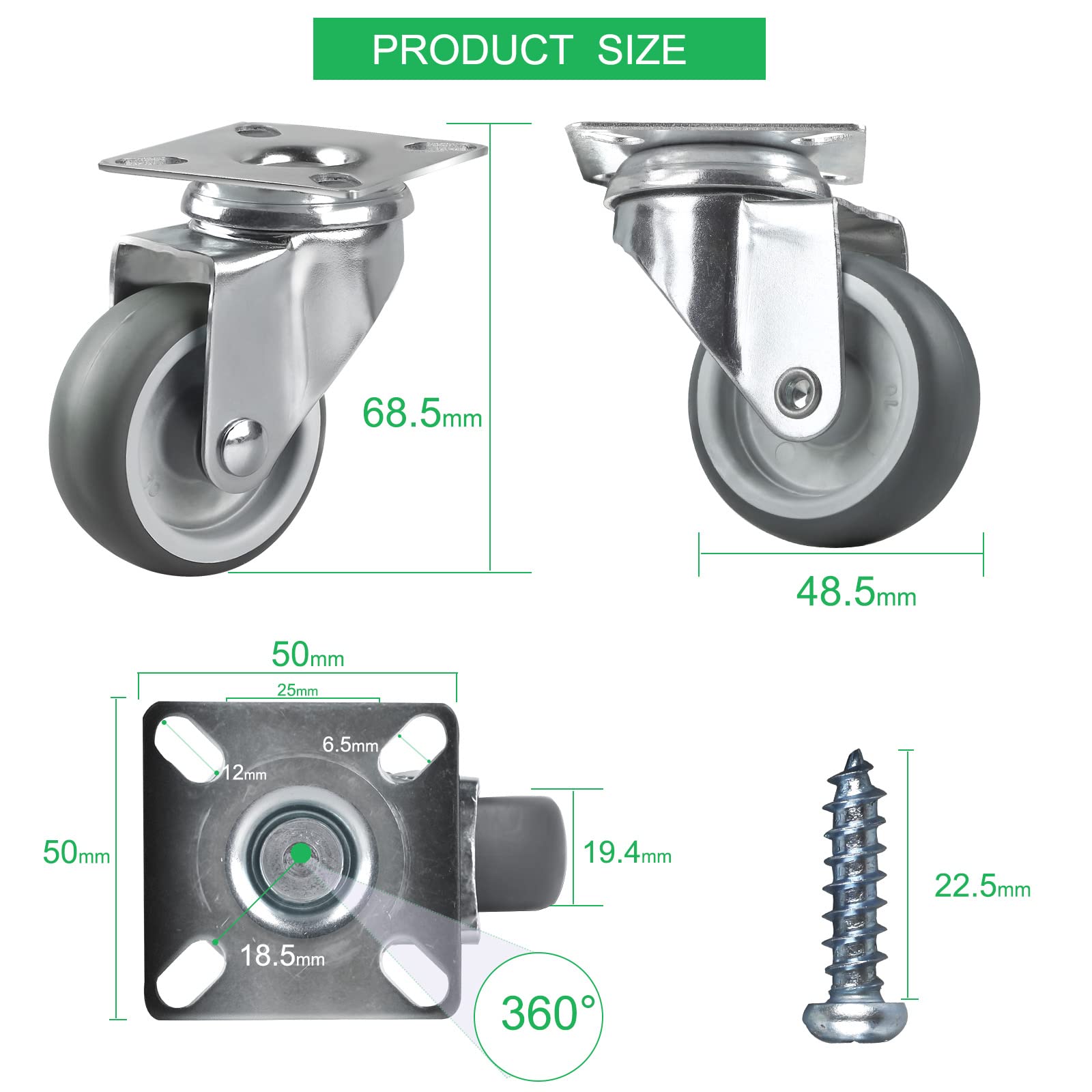 LALAGO Pack Of 24 Swivel Castors, 50 Mm Furniture Castors