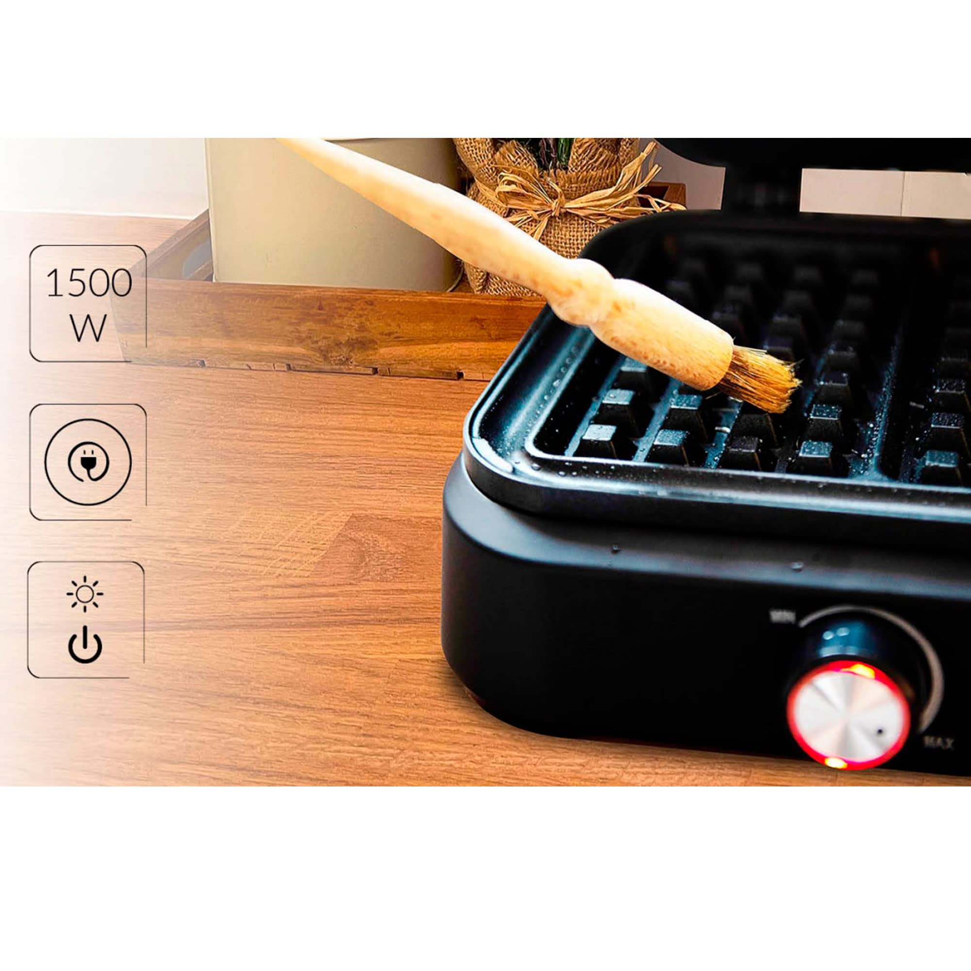 MPM MGO-40 Gofrera Profesional para 2 Gofres Belgas Gruesos, Placas Antiadherentes, Regulador de Temperatura, 1500W, Negro
