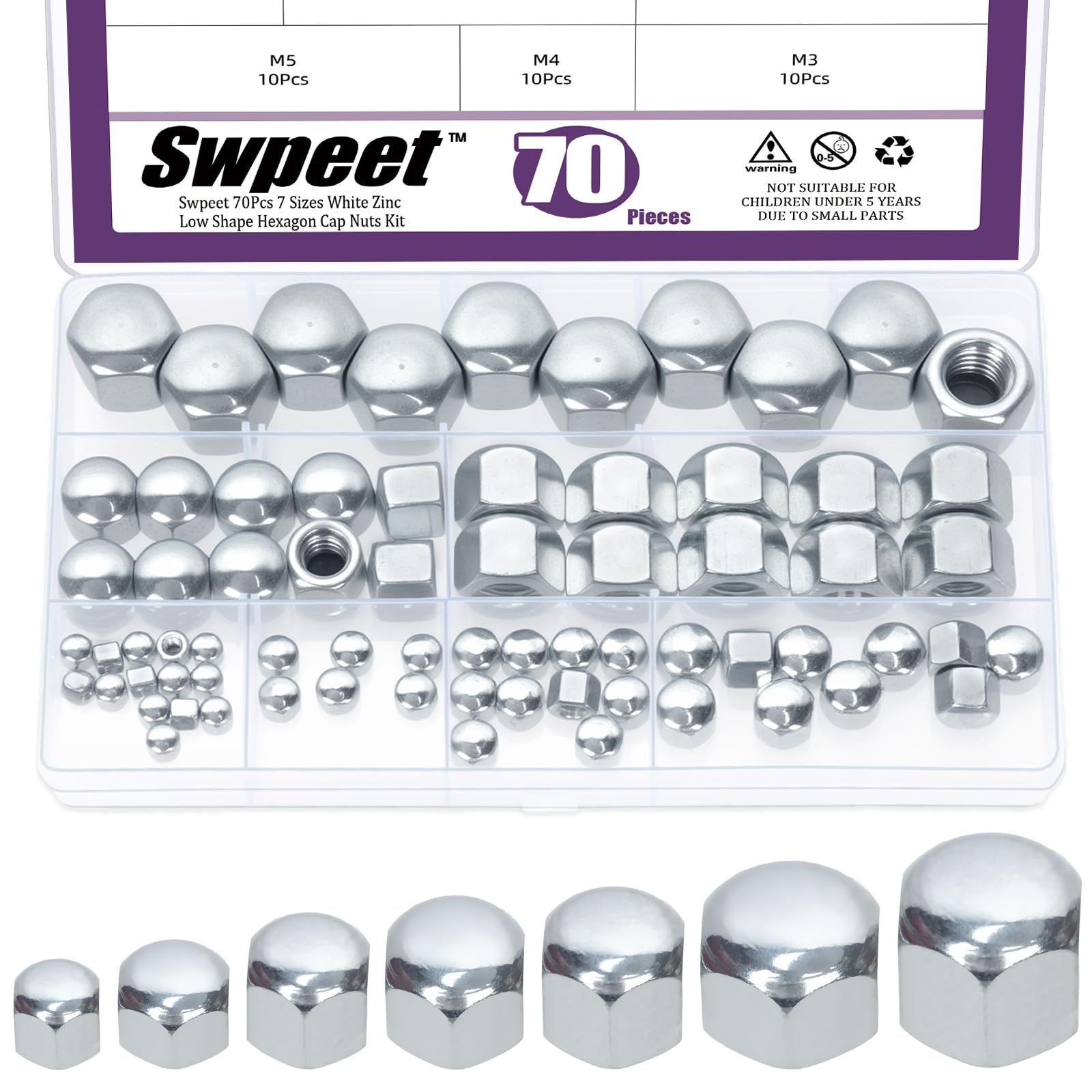 Swpeet 70Pcs 7 Sizes M3 M4 M5 M6 M8 M10 M12 DIN917 Carbon Steel Short Low Cover Cap Acorn Nut Kit, Hexagon Low Type Thin Cap Acorn Nut, Hexagonal Cover Blind Nut for Furniture