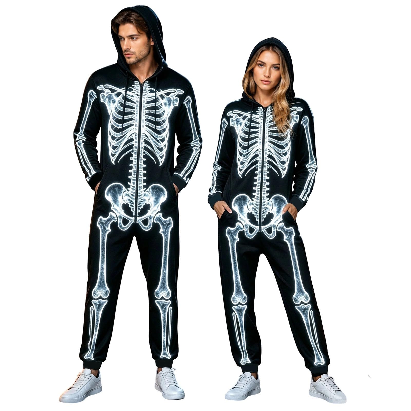 Skeleton Costume, Halloween Costumes Men Skeleton Onesie Adult Horror Skelettkostüme Zip-Up-Kapuze Hooded Jumpsuit Pyjama Nachtwäsche Homewear Fancy Dress Cosplay Kostüm