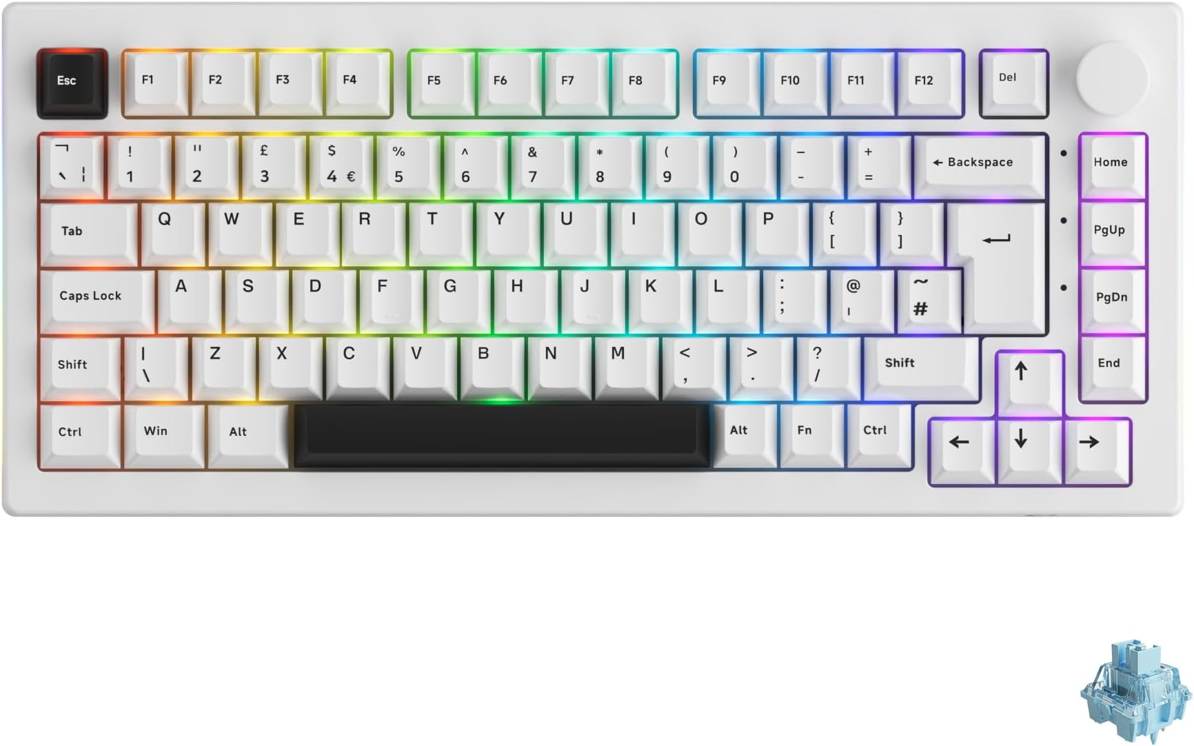Akko 5075B Plus RGB Mechanical Gaming Keyboard, ISO-UK Layout, 3 Modes (BT5.0/2.4Ghz/Type C) Compact Keyboard with Hotswap, Cherry Profile PBT Keys, Programmable (Black White, Tactile Switch)