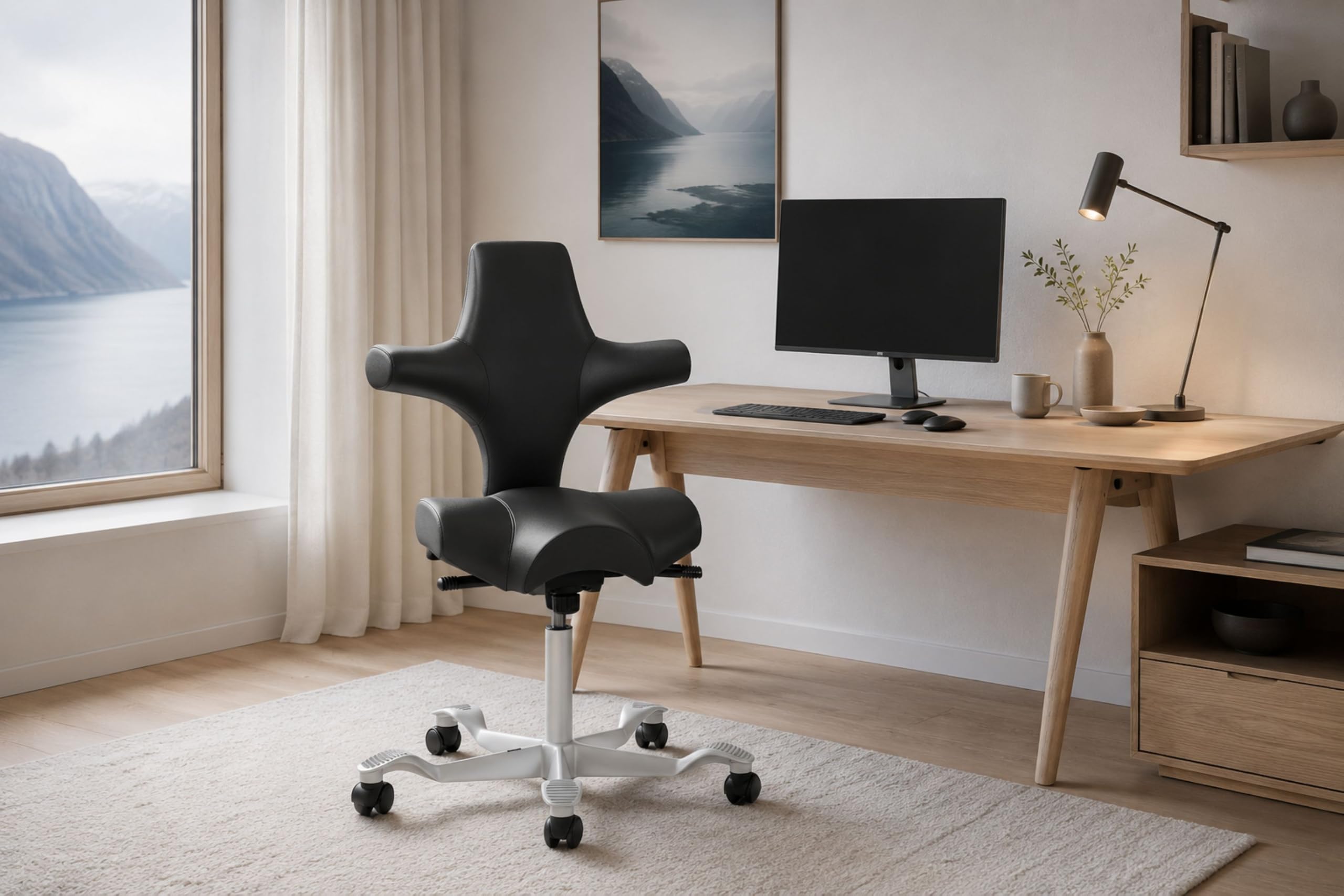 HAG Capisco Sit to Stand Chair-Silver Frame-Upholstered Black Onyx Vinyl
