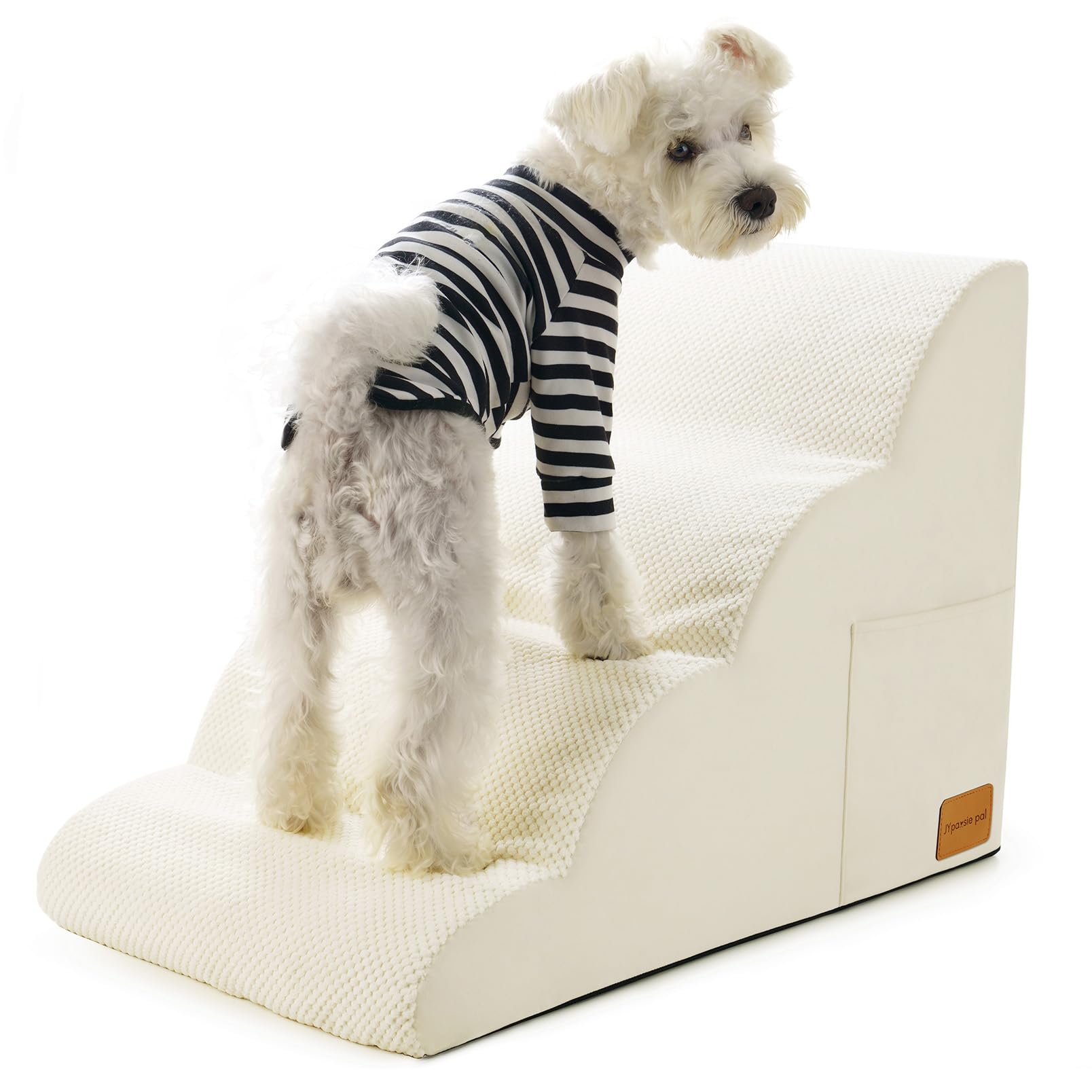 Dog Stairs for Small Dogs, Pet Stairs for High beds or Couch, JYpawsiepal Pet Ramp with High Density Foam,Non-Slip Bottom for Safety, Include Hair Removal 4Steps-White