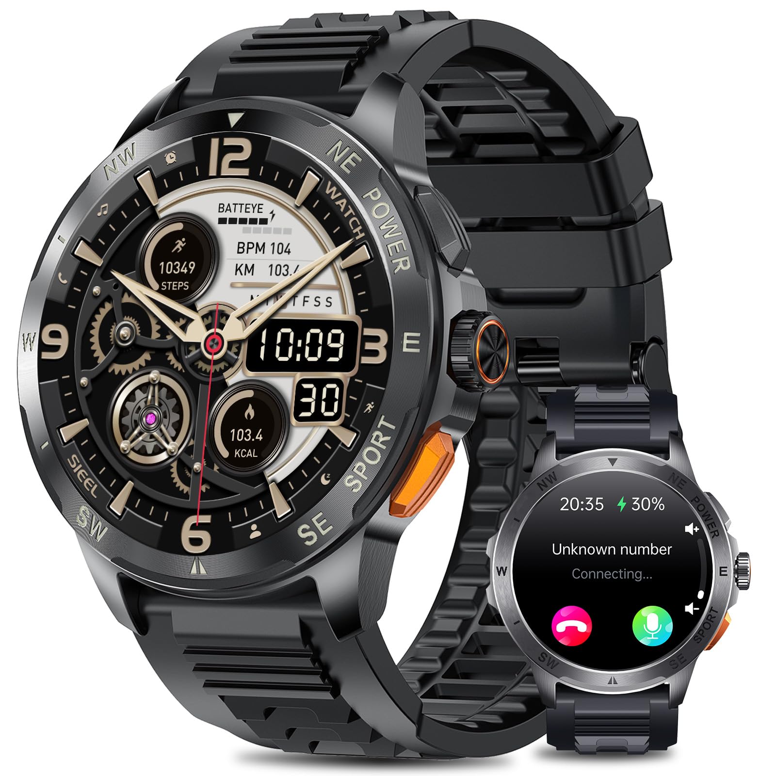 Smartwatch Uomo con ET/HRV/SIRI, 1,43" AMOLED con Chiamate Bluetooth Militare Orologio Intelligente Fitness/24H Cardiofrequenzimetro SPO2/100+ Modalità Sport/IP68Impermeabile /Sonno/per iOS Android