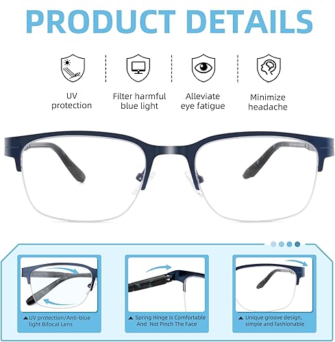 Miniatura 6 de Gafas de lectura bifocales para hombre, luz azul, lectores de computadora, transparente, marco de metal, bisagra de resorte