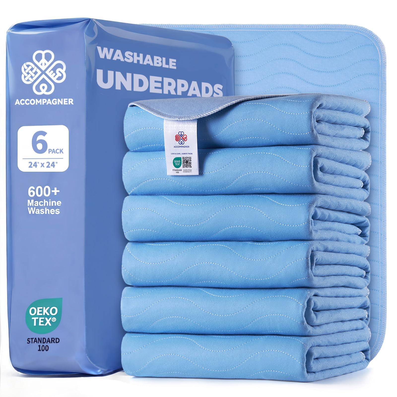 Accompagner Incontinence Bed Pads Washable Waterproof, Ultra-Absorbent Reusable Underpads for Diaper Changing, Nursing, Bedridden, Adults, Seniors, Kids and Dogs (Blue, 24"x24"(Pack of 6))