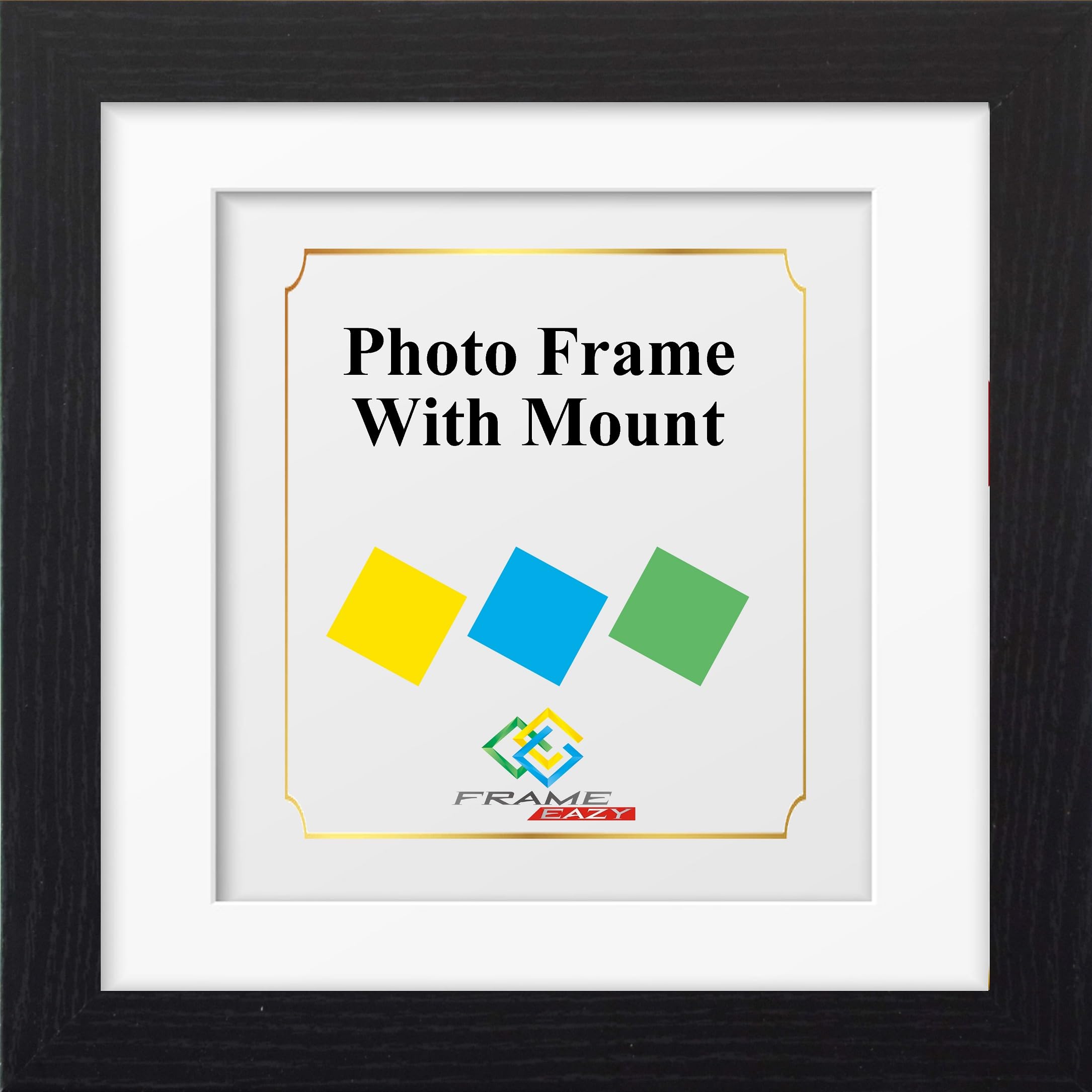 FRAME EAZY Square Black Photo Frame Picture Frame with White Mount - Comes With Safe Perspex Front & Wall Hanging Hooks - Square Frame 9"x9" Pic Size 5"x5" Mount