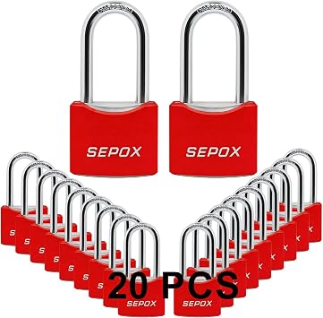 SEPOX 20-Pack Heavy Duty Outdoor Padlocks, Keyed Alike Solid Steel Body, 1-5/8" Shackle, All-Weather Rustproof Lock with Red Cover for Gate, Fence, Toolbox, Locker Includes 20 Keys