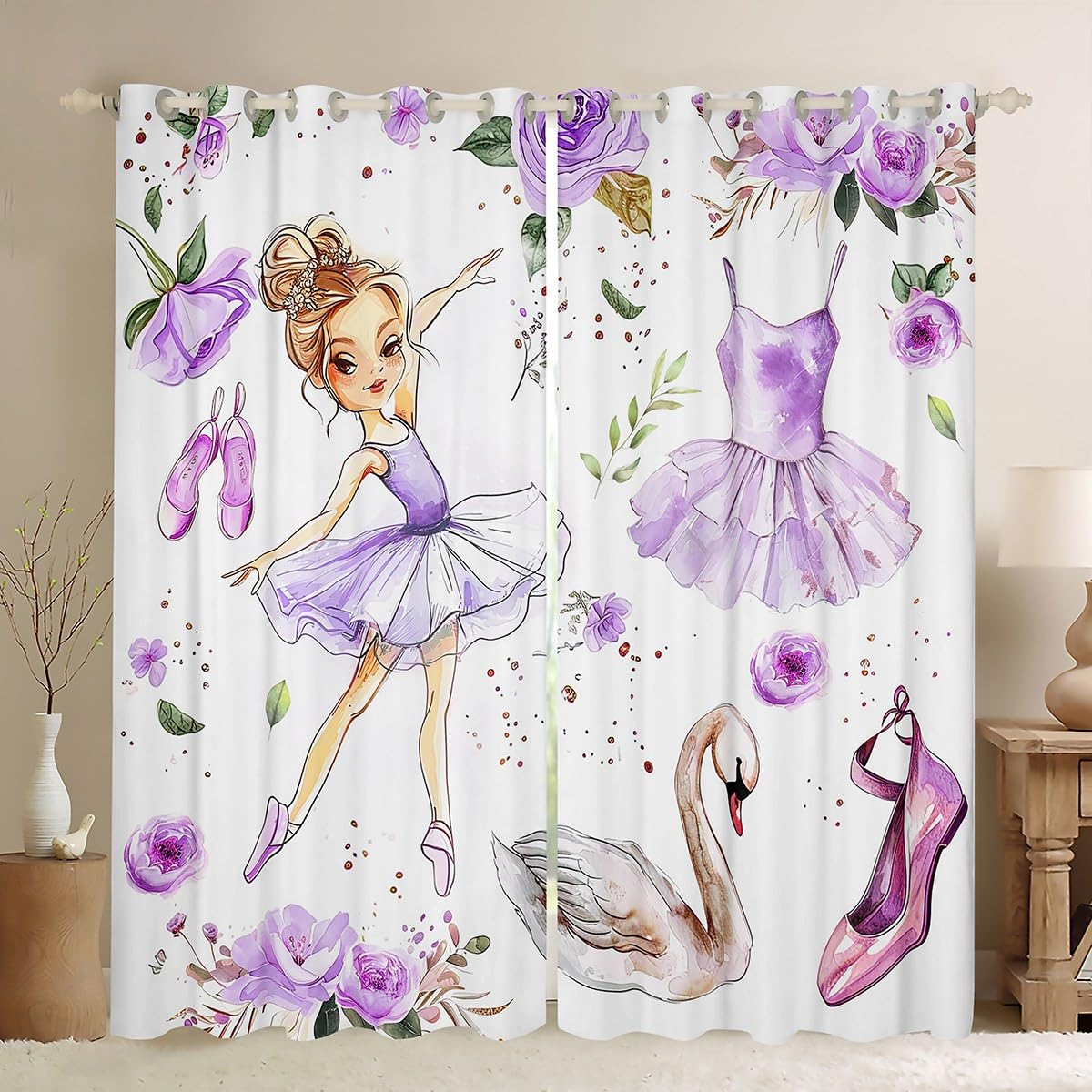Rideaux occultants cygne et fleurs aquarelles pour salon et chambre d'enfant