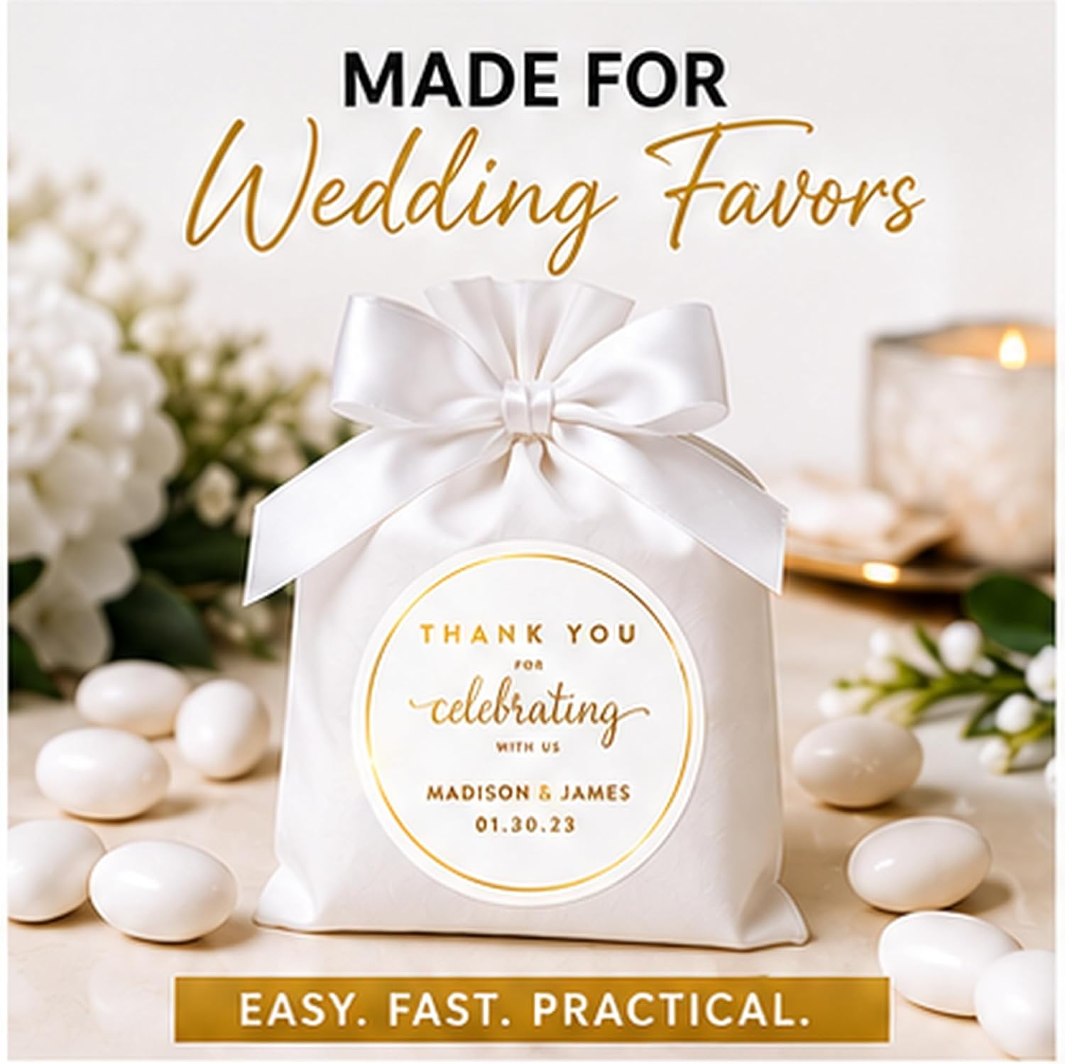 Andaz Press Personalized Round Circle Wedding Favor Gift Labels Stickers, Metallic Gold Ink, Thank You for Celebrating with Us Sticker, 40-Pack, Custom Made Any Name Wedding Stickers for Favors