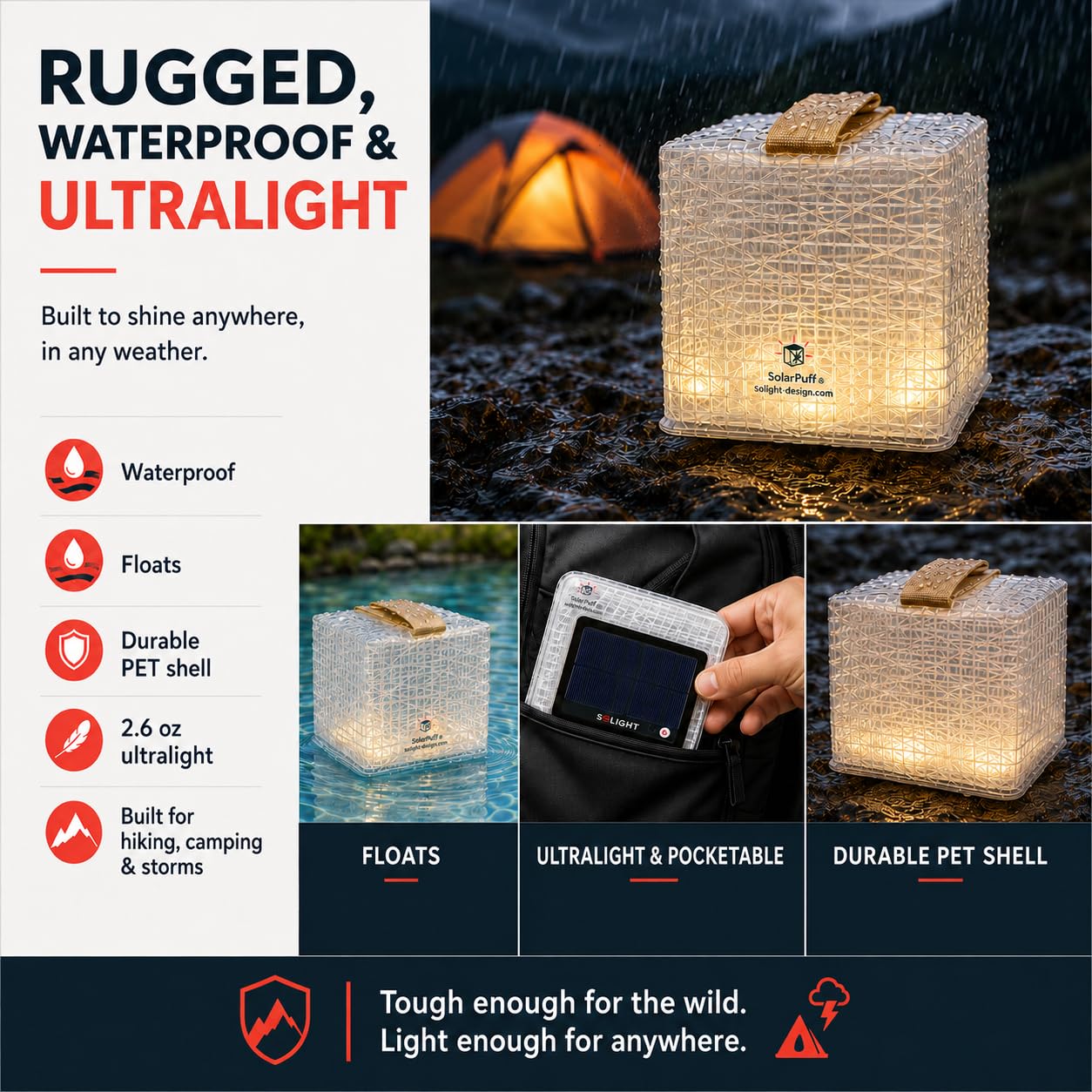 Solight Design - Lanterna solare ricaricabile con sensore di luce - Lanterna da campeggio a LED pieghevole, facile da aprire e piegare, non necessita di gonfiaggio, condizioni meteorologiche estreme