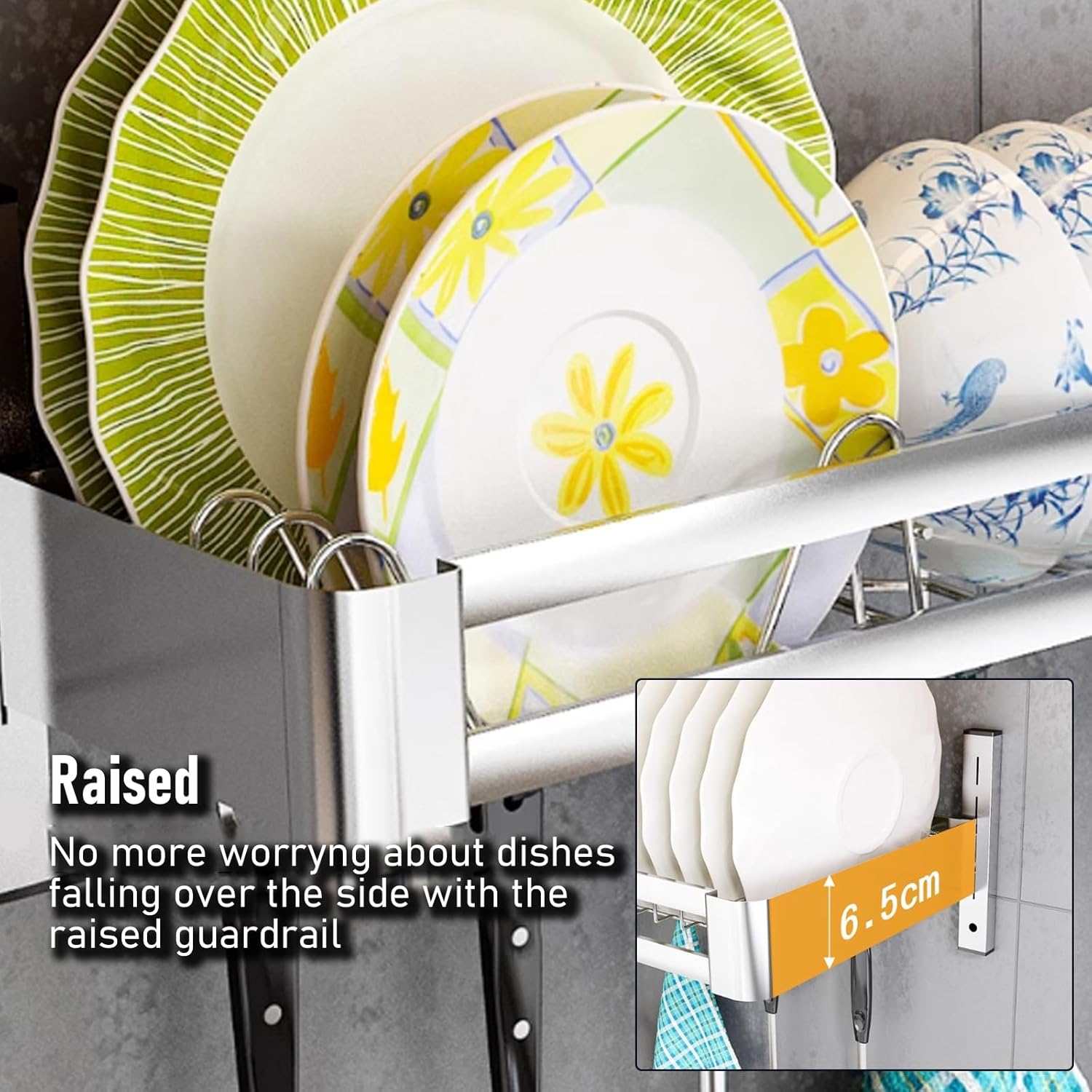 2-Tier Wall-Mounted Dish Drying Rack Over Sink with Adjustable Height, Drain Tray & Bowl Holder, Space-Saving Kitchen Organizer for Efficient Drying & Storage