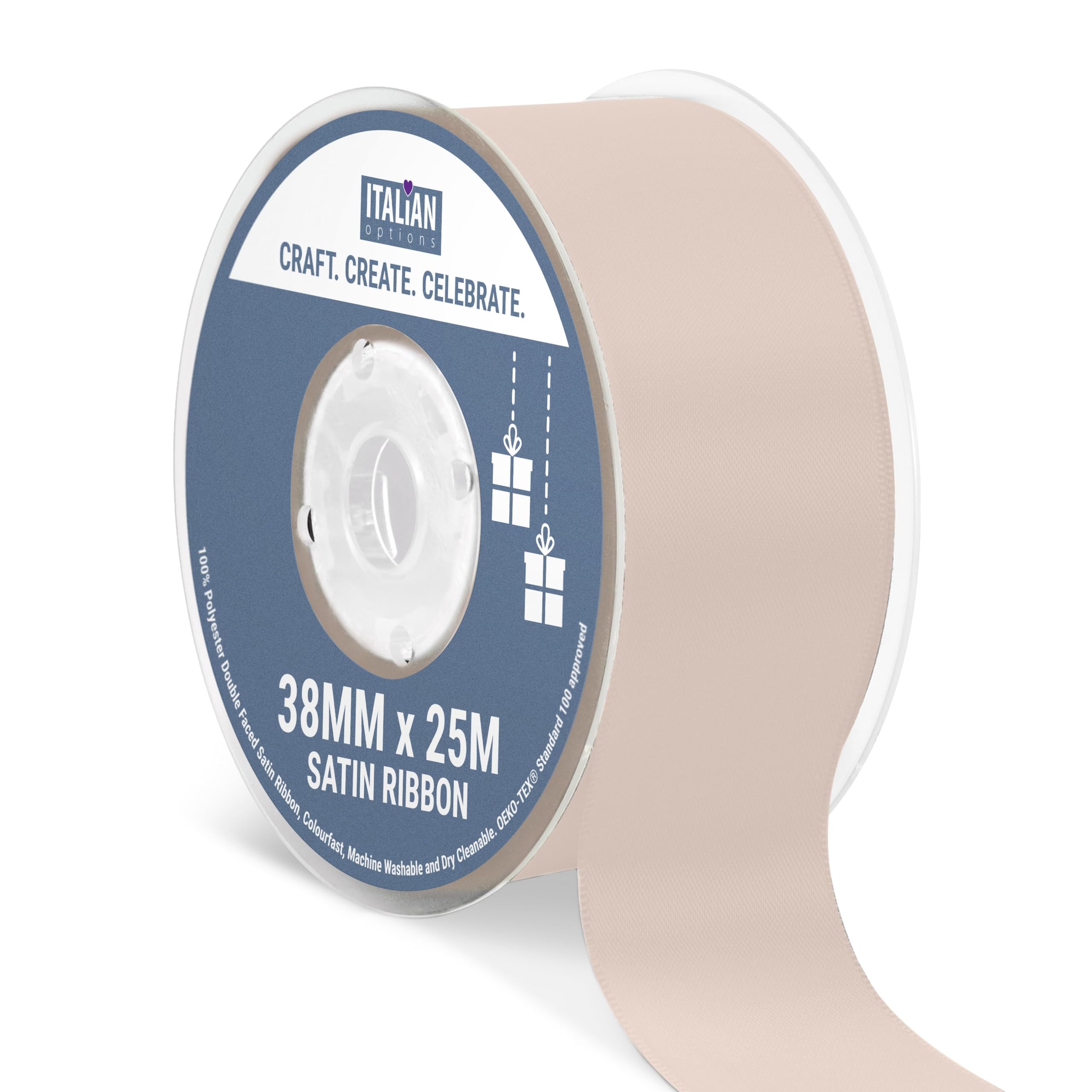 Italian Options Satin Ribbon, Fabric Ribbons for Gift Wrapping, Crafting, Balloons, Wedding Car, Presents, Cake, Christmas, Birthday, Gift Wrap Accessories, 38mm Wide x 25 Metre Roll, Taupe