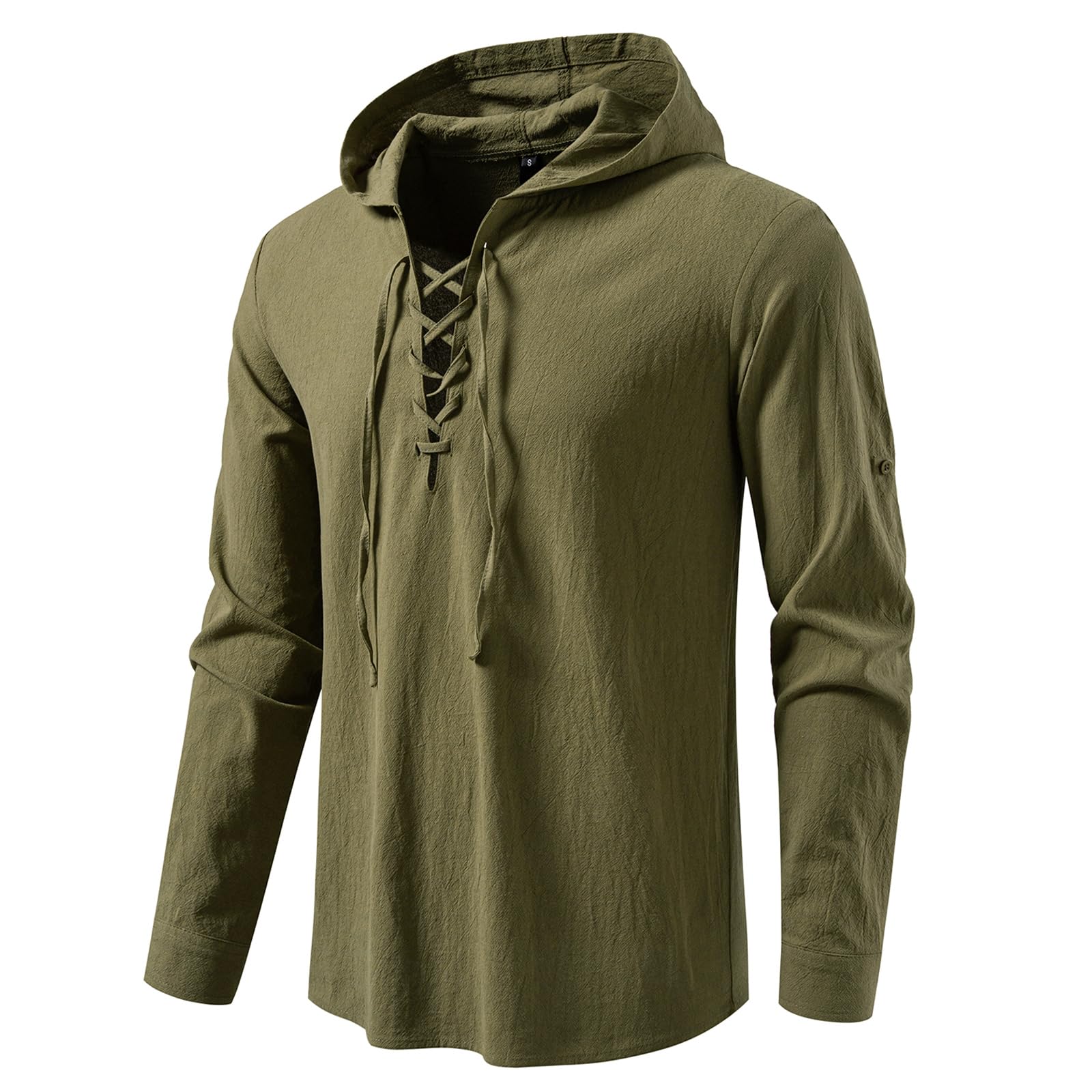 MakingDa Lace Up Hooded Shirt Men Medieval Viking Tunic Costume Cotton Pirate LARP Tops Loose Fit Long Sleeve Steampunk Renaissance Victorian-Green-S