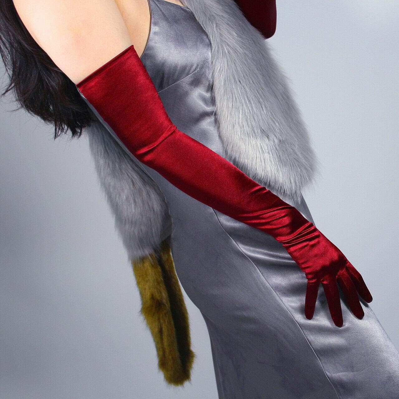 Stretchy Satin Silk Gloves 60cm 23" Opera Evening Extra Long Wine Deep Dark Red