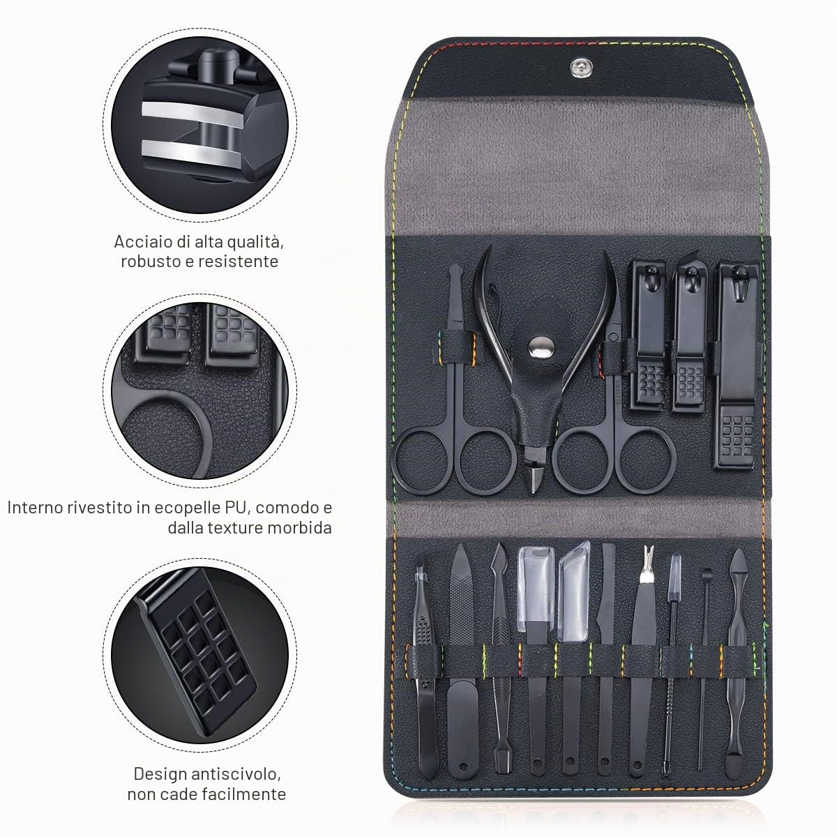 Tagliaunghie Set Professionale - Grooming Kit Strumenti per Manicure e Pedicure 16pcs con Lussuosa Custodia da Viaggio in Pelle (Nero)