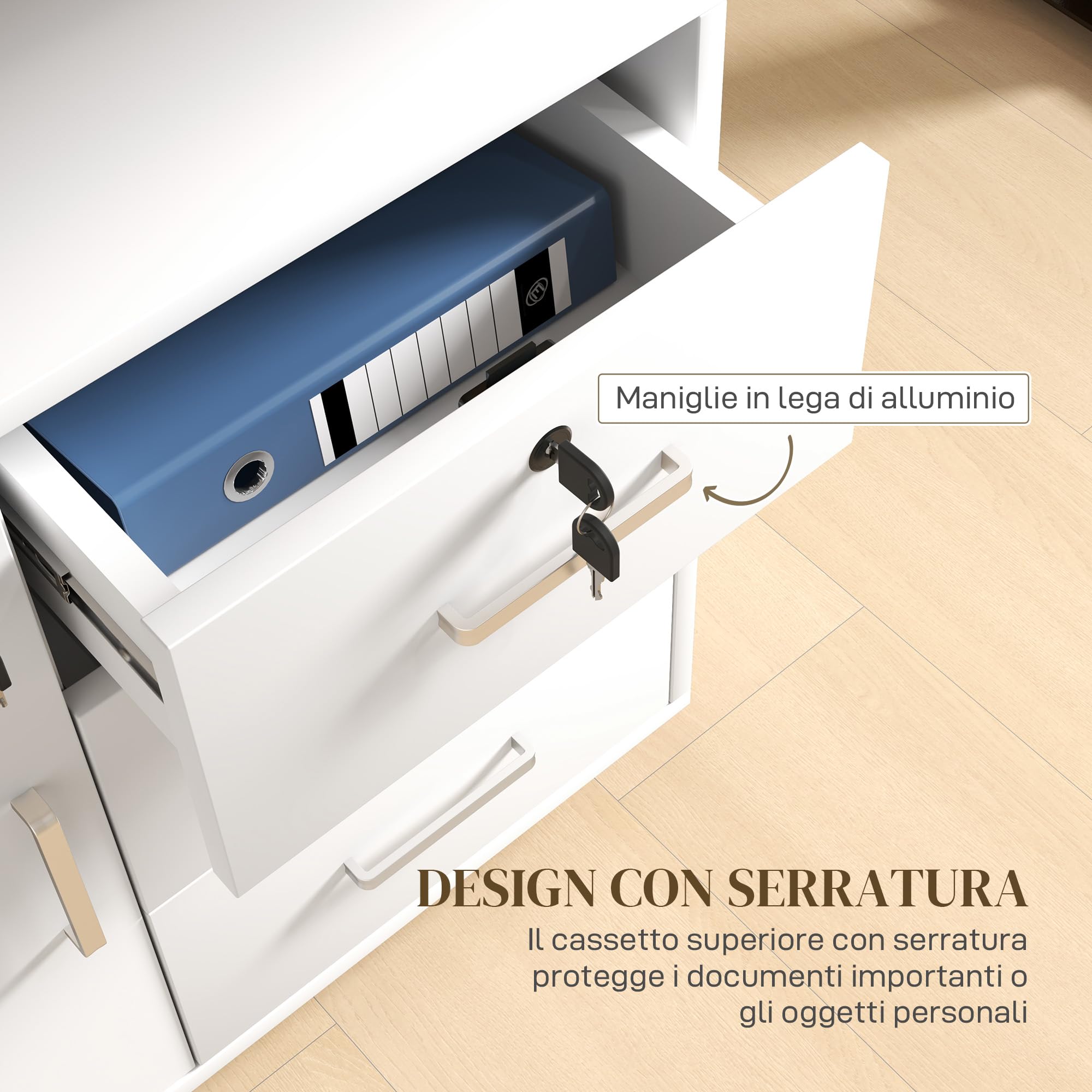 HOMCOM Schedario per Ufficio con 3 Cassetti e Armadietto con 3 Ripiani Regolabili, Cassettiera Portadocumenti in Truciolato, 60x40x56 cm, Bianco