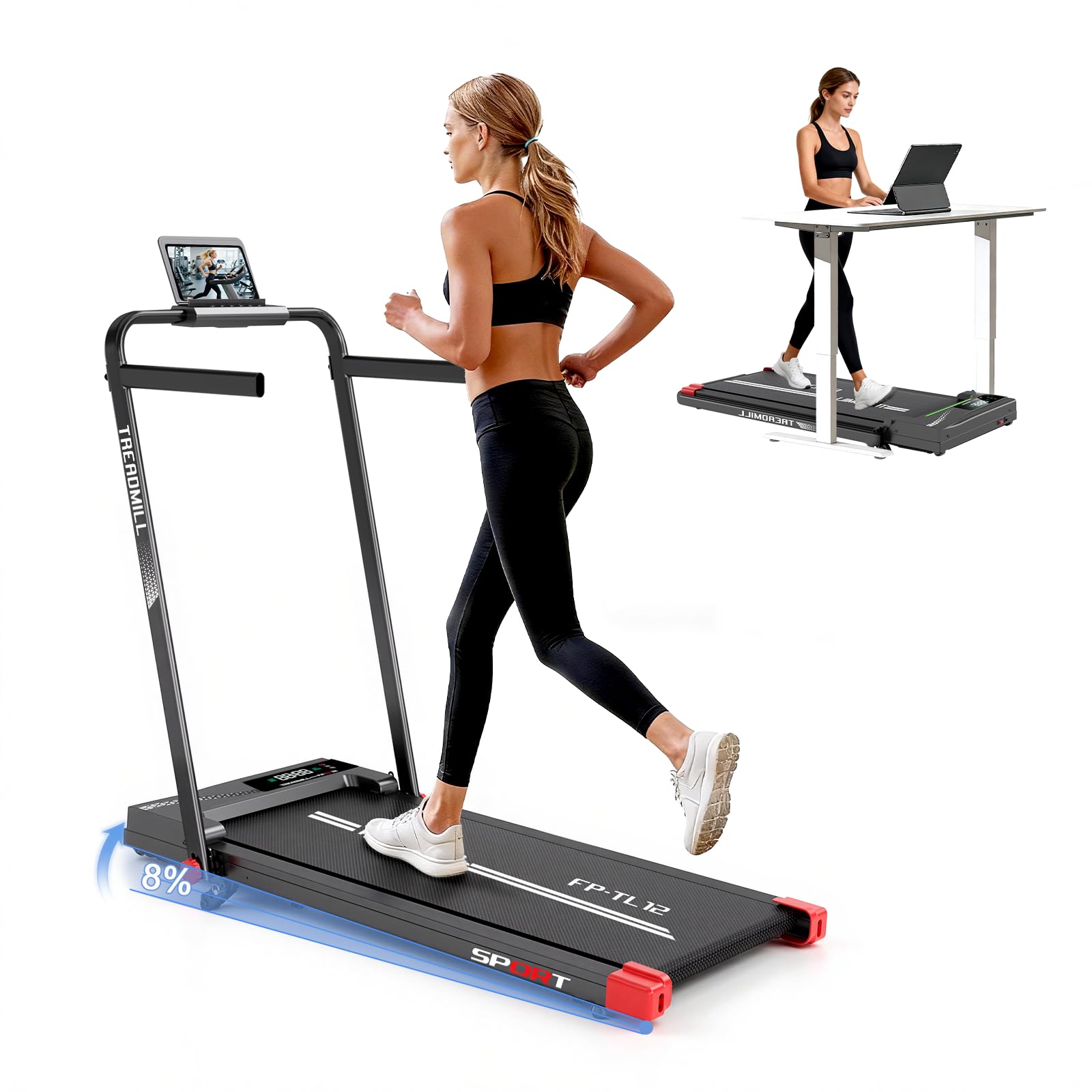 Cinta de Correr, 5 en 1 - Motor de 3 HP, 1-14 km/h - con Pantalla LED/Mando a Distancia - inclinación máxima del 9% - Soporte para iPad/teléfono móvil.