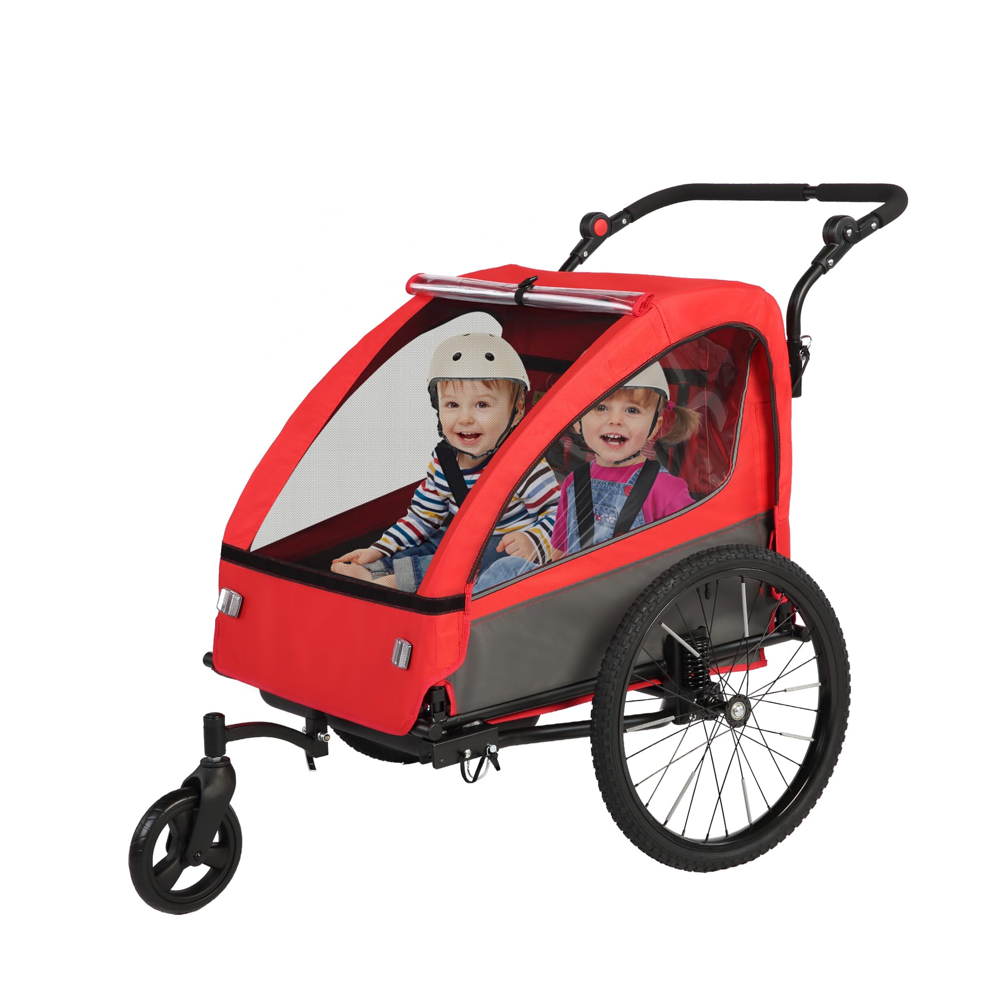 Sepnine 2-in-1 Kids Bike Trailer and Stroller with Suspension – Bike Trailer for 1 to 2 Children, Jogging Function, Foldable, 5-Point Harness, Spacious Storage, with Bug Screen and Weather Shield