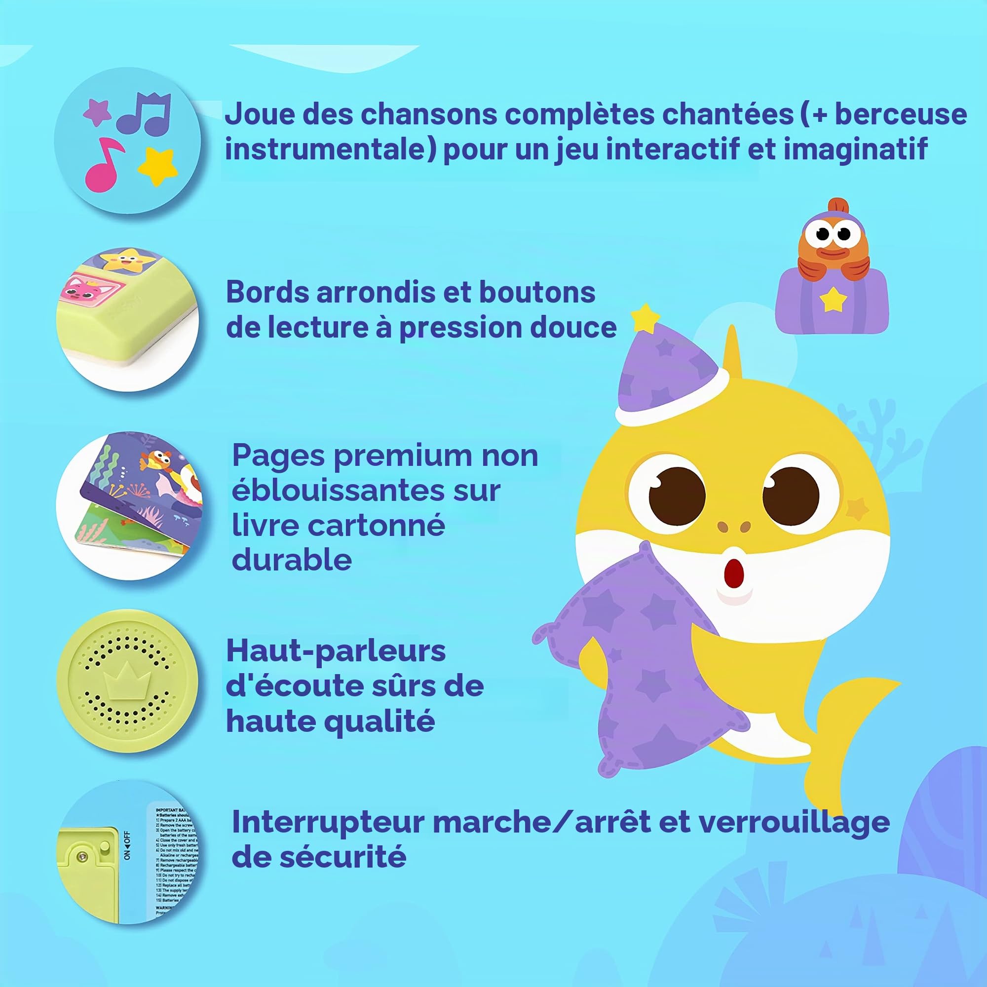 Baby Shark Livre sonore à 10 boutons pour enfants, livres d'apprentissage interactifs pour tout-petits, jouets d'apprentissage et d'éducation, cadeaux pour bébés requins pour enfants