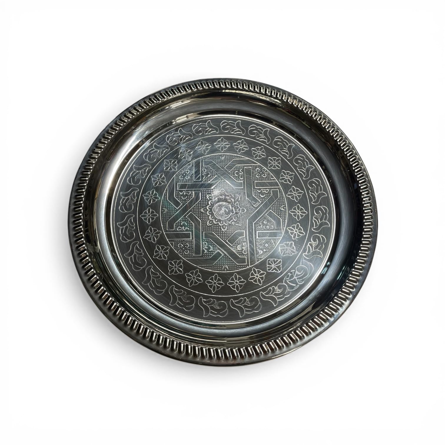 Vassoio Marocchino in Metallo Cesellato a Mano, Rotondo, Stile Orientale, Ø 30 cm, per Tè e Decorazione