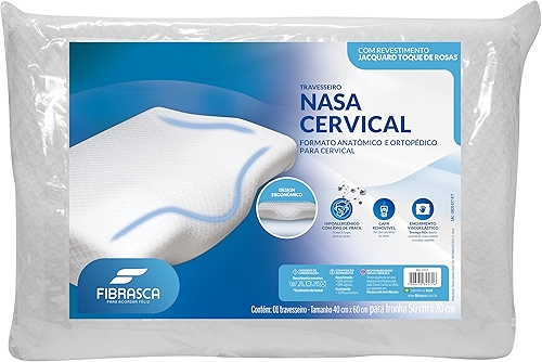 Travesseiro Nasa Ortopédico Cervical Fibrasca - Hipoalergênico, Revestimento Lavável, para fronhas 50x70cm - Branco