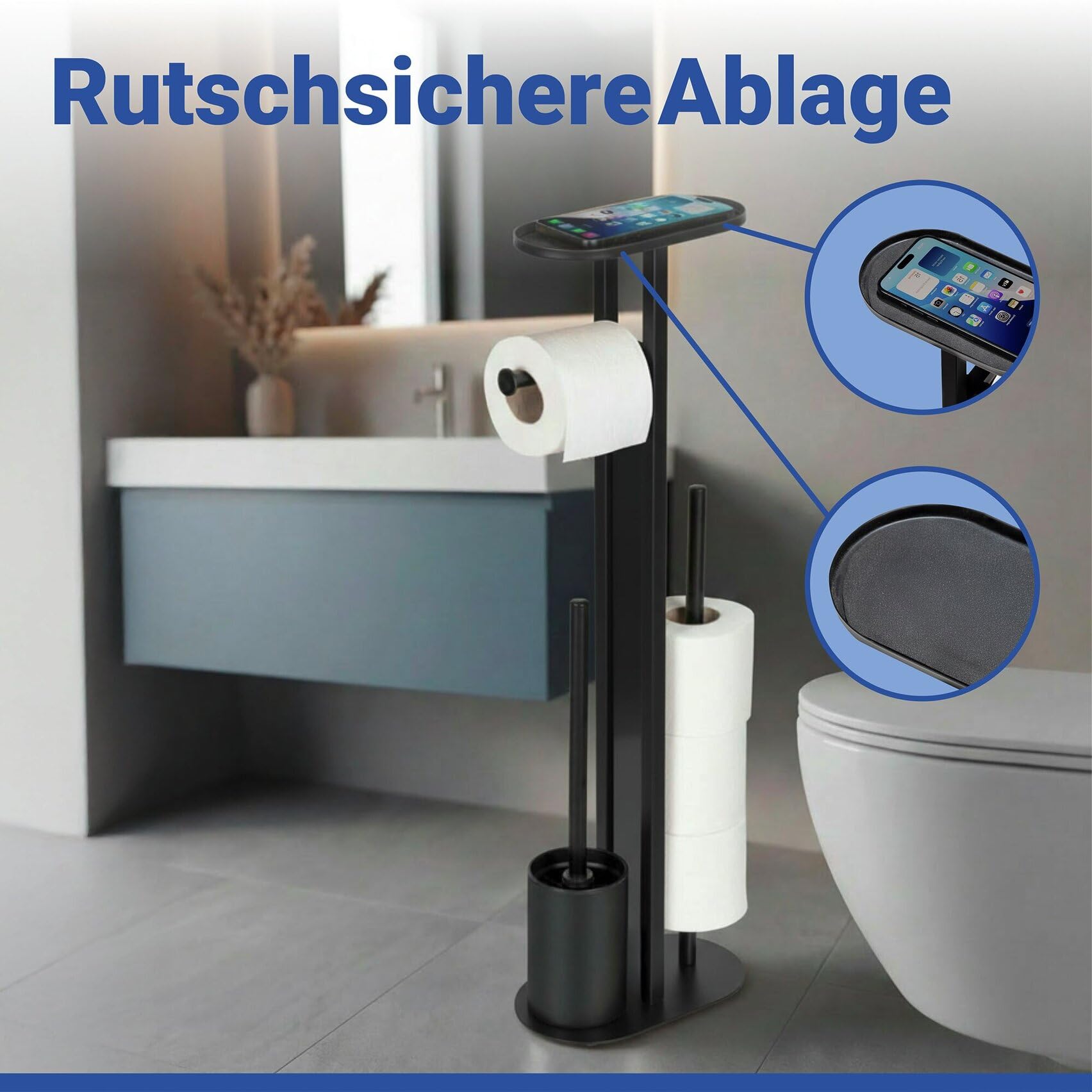 WENKO Stand WC-Garnitur Mod. Orea aus Stahl mit schwarzem Trennglas, WC Bürste, Toilettenpapierhalter, Ersatzrollenhalter für bis zu 4 Rollen und Smartphone-Ablage, stehend, ohne Bohren, schwarz