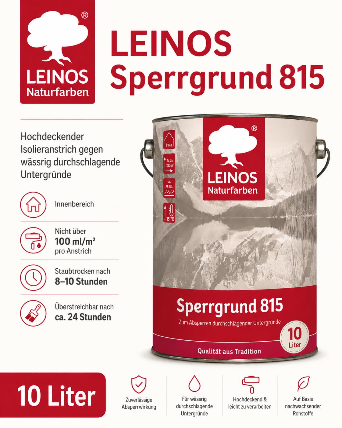 LEINOS 815 Sperrgrund 10 Liter | Hochdeckend: Erzeugt einen weißen, leicht rauen Untergrund, der für nachfolgende Anstriche gute Haftung bietet