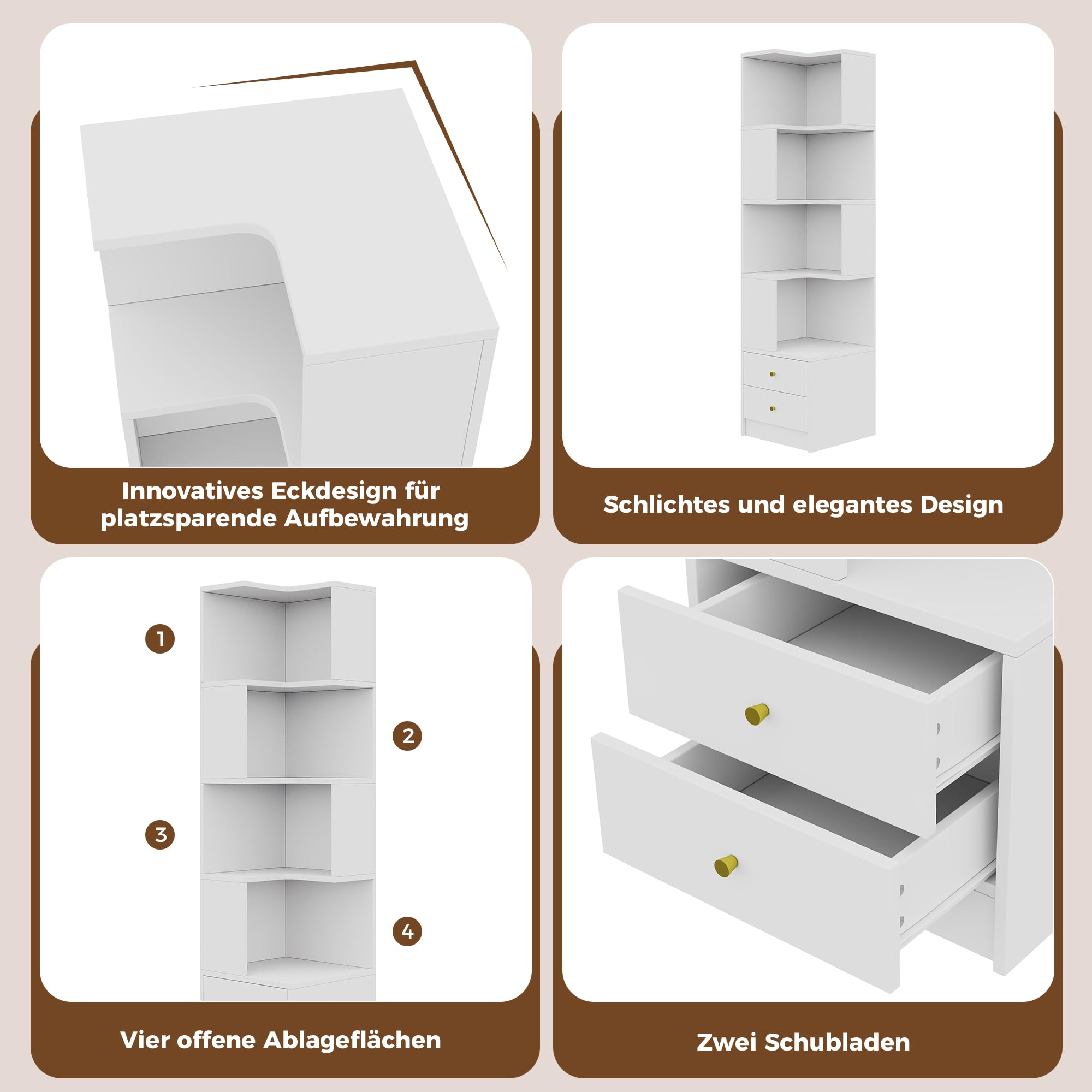 Scaffale angolare per soggiorno, 180 cm, moderna libreria angolare con illuminazione a LED, scomparti aperti e 2 cassetti, per soggiorno, camera da letto e corridoio (bianco)