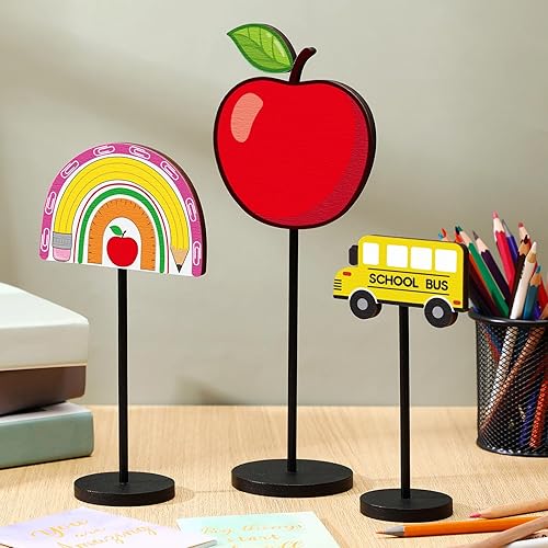 Miniatura 7 de Geetery 3 piezas de decoración de mesa de madera para el regreso a la escuela, centro de mesa de madera, regla de manzana, autobús escolar,