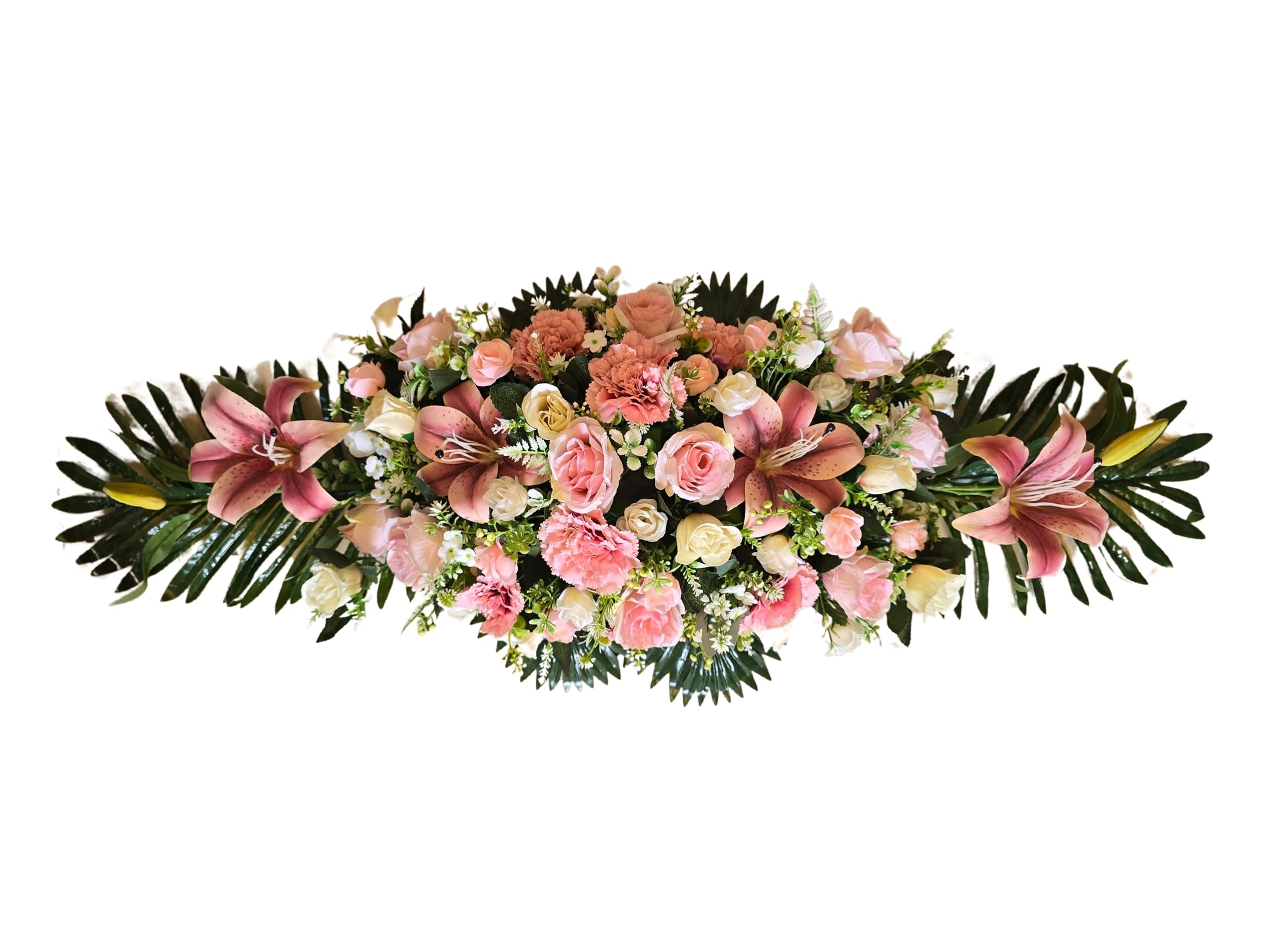 DRW Centro de Flores Artificiales cojin Cementerio procesiones, Iglesias Bodas o sepulturas Tonos Rosas Estilo Barco con liliums 115x43x27