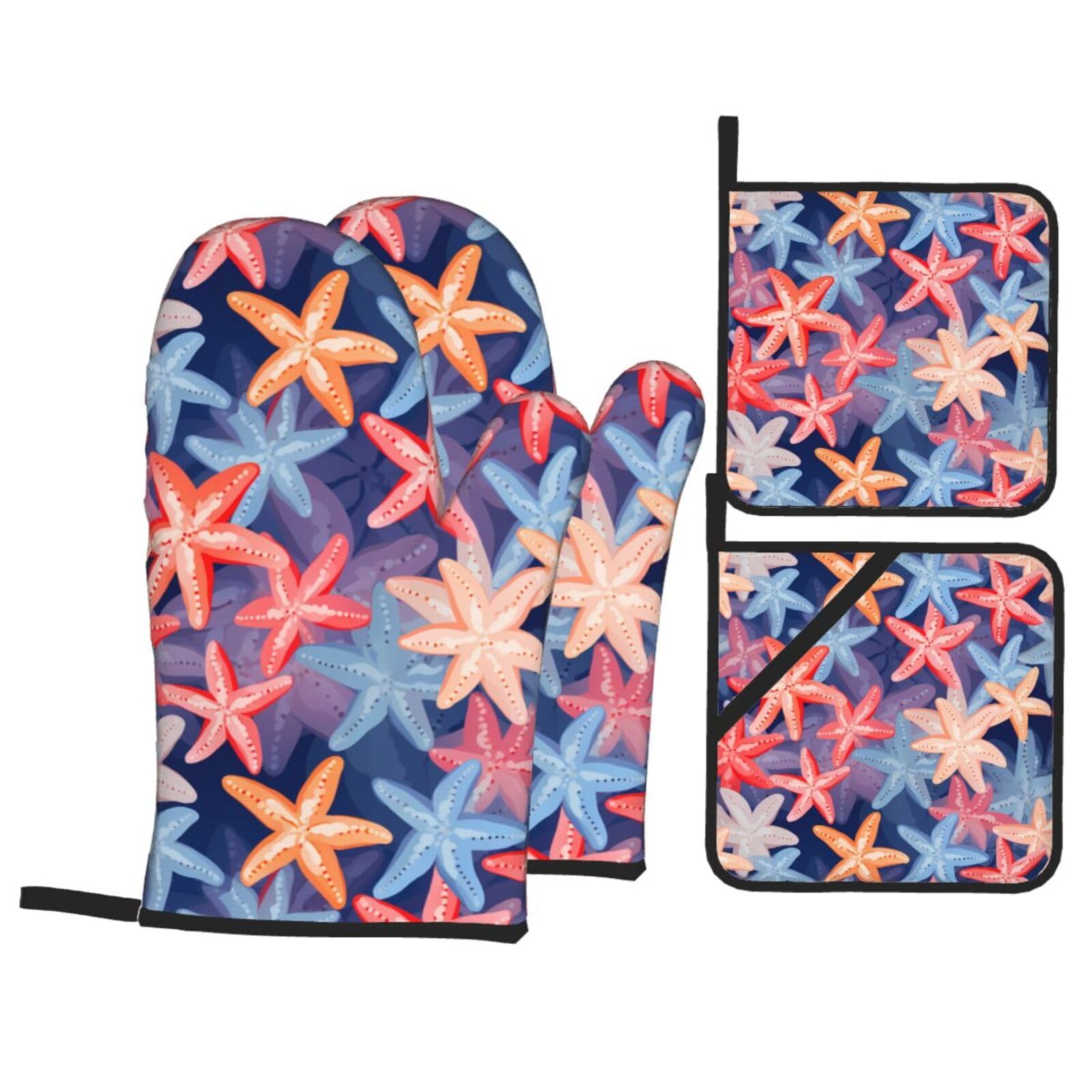 HJFCZH Beach Starfish Picture Kitchen Baking Set of 4 Thick Insulated Oven Mitt & Pot Holders, Anti-Scalding for Microwave, Oven, Outdoor BBQ