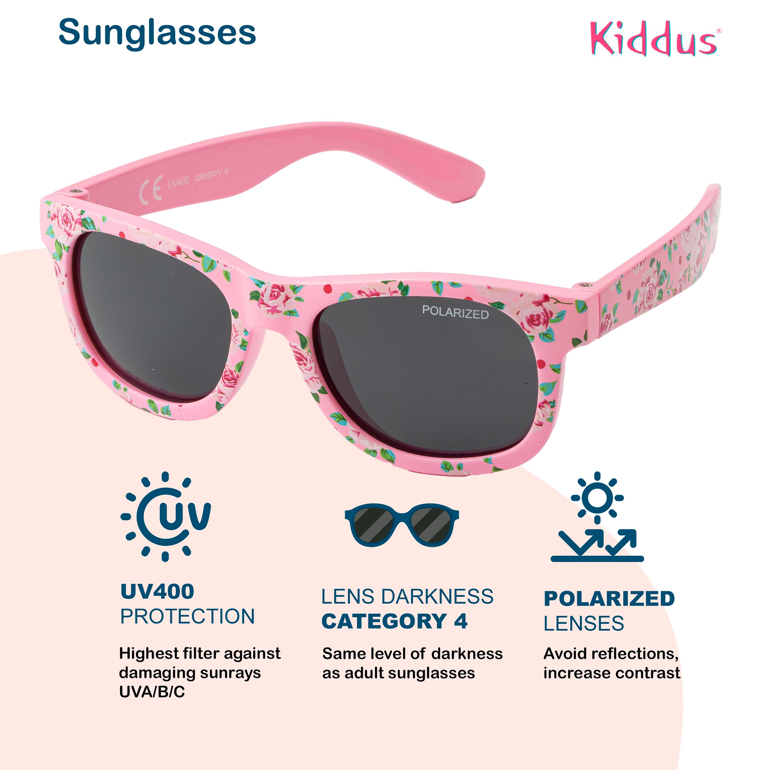 Kiddus Lunettes de Soleil Polarisées bébé, fille, garçon. A partir de 8 mois. UV400 Protection 100% UVA et UVB. CAT4. Branches flexibles, résistantes aux chocs. Sans BPA