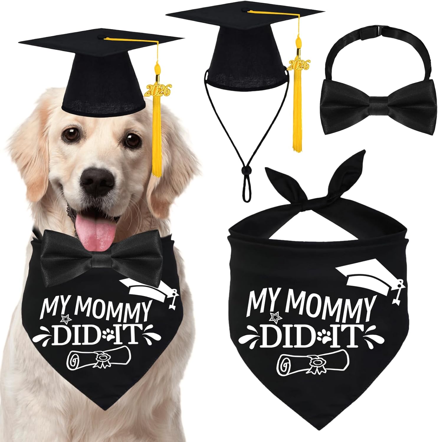 Gorro y Beca de Graduación para Perro 2026 con Borla Dorada para Perros Pequeños Medianos Grandes