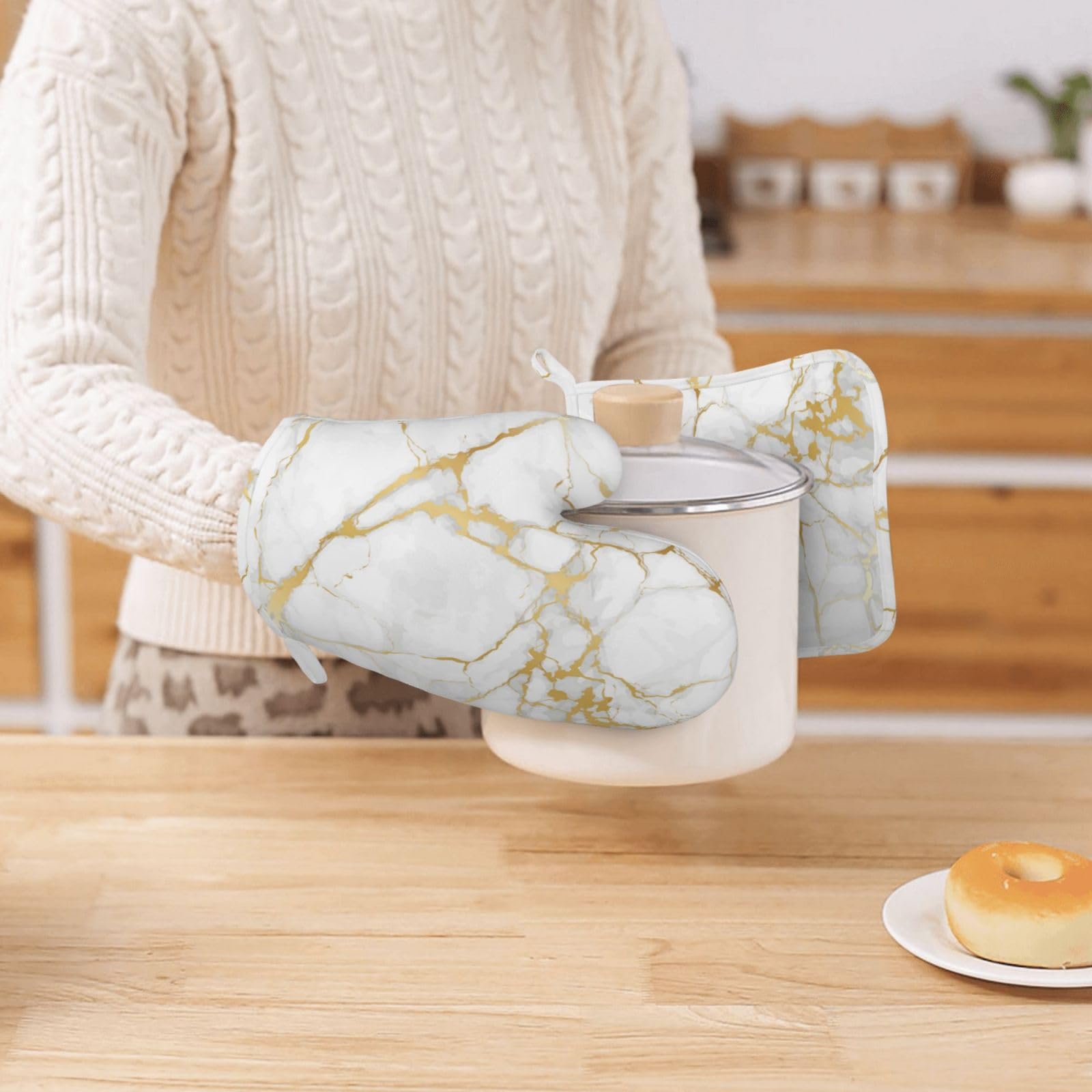 Juego de manoplas de horno y soportes para ollas, accesorios de cocina de color oro blanco, guantes de silicona antideslizantes resistentes al calor para cocina, cocina, hornear, barbacoa (oro blanco) 7