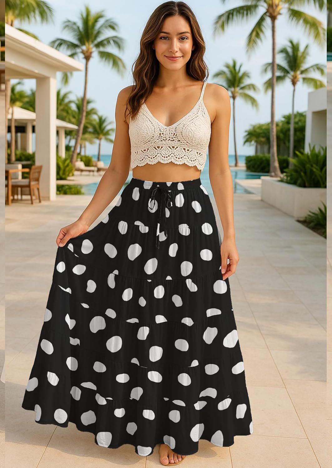 Moomaya Women’s Cotton Resort Skirt with Pockets | Tiered Maxi Summer Skirt | 40-Inch Vacation Wear | Flowy Vacation Outfit