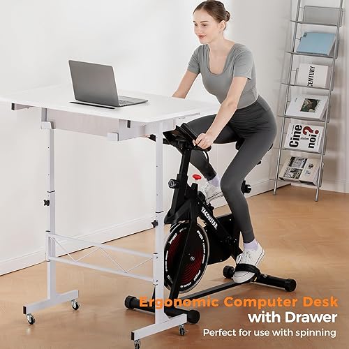 Miniatura 3 de COMHOMA Escritorio pequeño de pie ajustable en altura, escritorio pequeño para computadora portátil, móvil, portátil, mesa rodante para laptop con