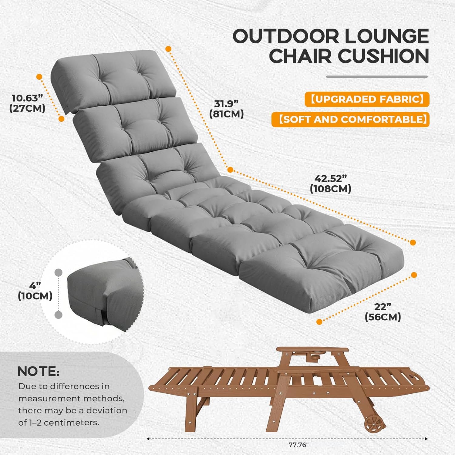 Chaise Lounge Cushion Outdoor，100% Waterproof Replacement Cotton Lounges Chair Cushion with Ties for Outdoor Furniture, Patio Pool Lounge Chair Cushions 74.4 x 22 x 4 inches, Grey