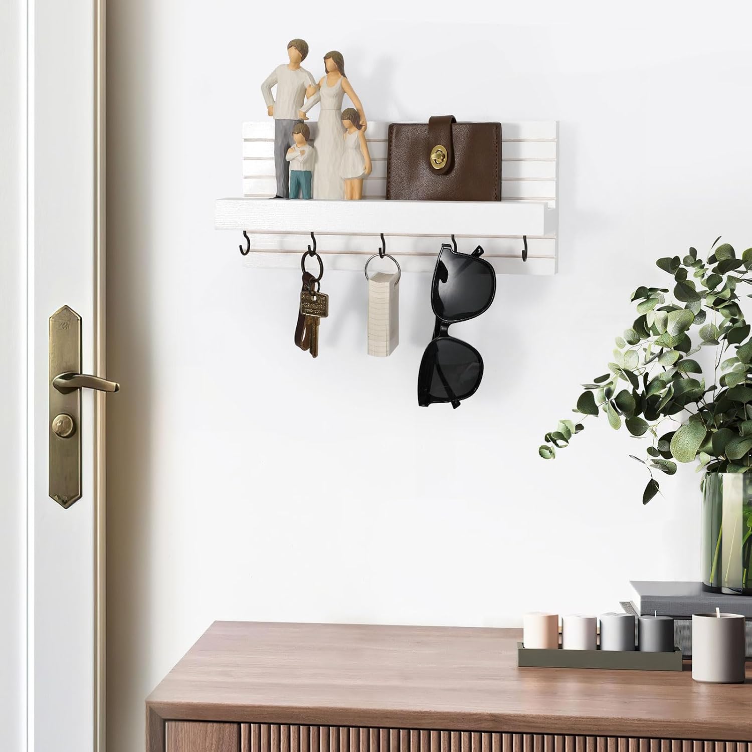 Lwenki Decorative Key Holder for Wall with Shelf, Entryway Shelf with Hooks Holds Leashes, Jackets and Glasses – Sturdy Wood Keyholder Entrance Hanger with Mounting Hardware (White, Medium) image 5
