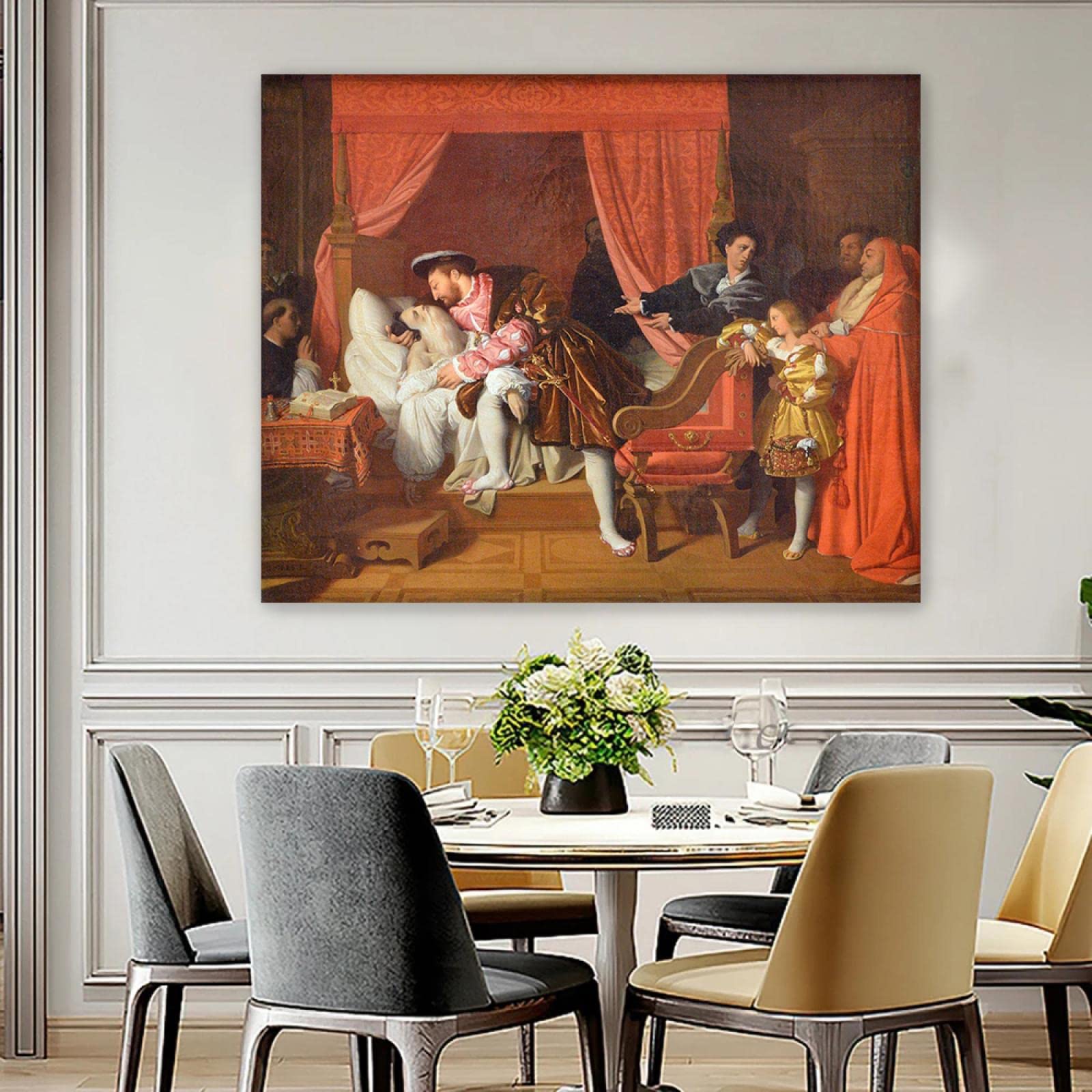 Jacques-Louis David słynne obrazy olejne reprodukcja na płótnie (Śmierć Leonardo da Vinci) plakaty i wydruki klasyczne płótno sztuka ścienna obrazy krajobrazu 60 x 80 cm oprawione