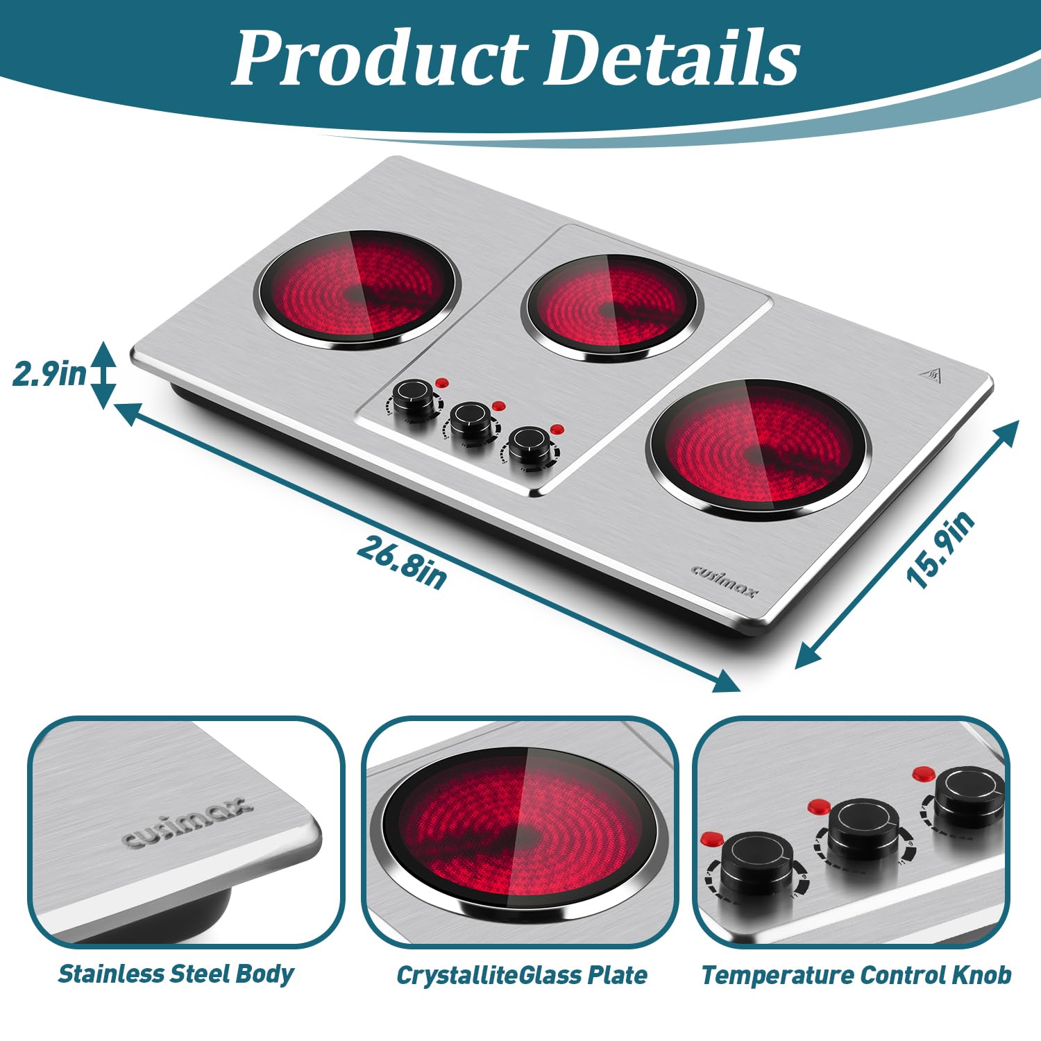 Placa eléctrica eléctrica,Encimera infrarroja triple quemador con cocina de vidrio de cerámica de 7 ″, placa caliente eléctrica para cocinar, ajuste de temperatura de 11 niveles 5