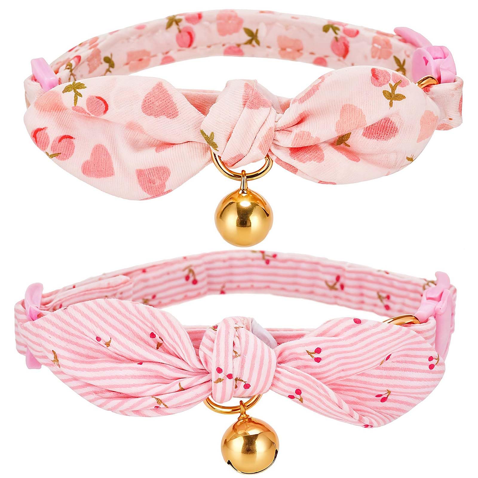 2 Pack Kitten Collar Cotton Breakaway Cat Collars Bell Pink Cat Collar with Bells Pendant