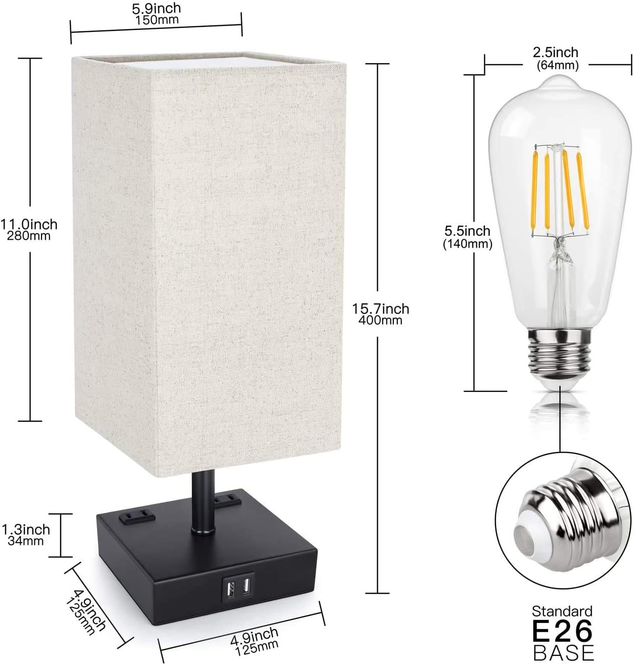 Touch Table Lamp, 3-Way Dimmable Touch Lamp Bedside Lamp with 2 USB Charging Ports and 2 AC Outlets, Modern Desk Lamp Nightstand Bedroom Lamp for Bedroom Living Room Reading Office, LED Bulb Included