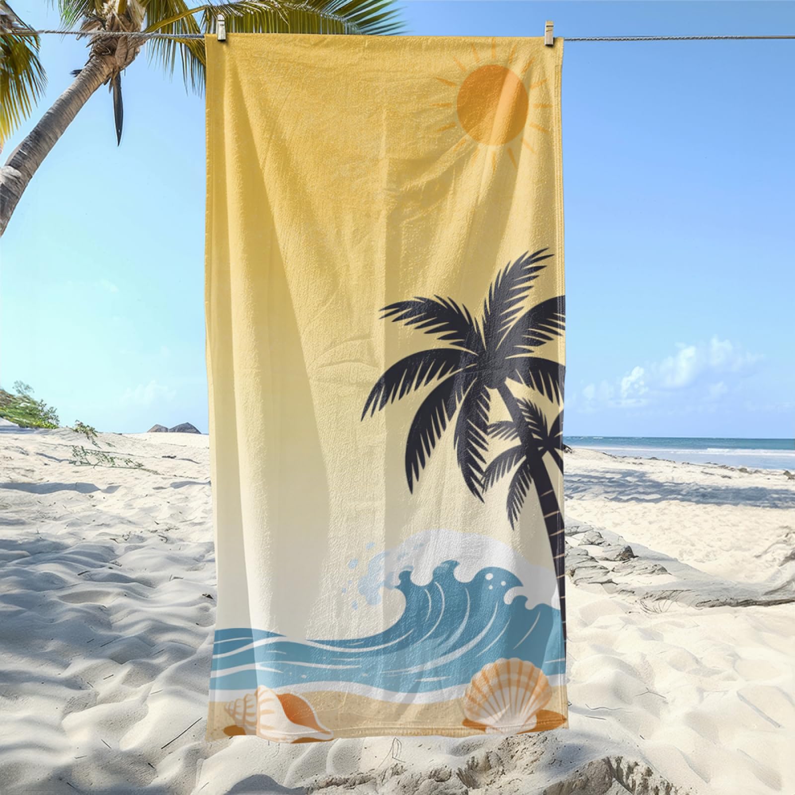 Fouta PlageJaune Ciel Soleil Arbre De Coco Modèle Surdimensionné avec Diverses Tailles, Respirante et Portable, Parfaite pour Voyages Sorties Piscine et Usage Extérieur Quotidien 90x160 cm